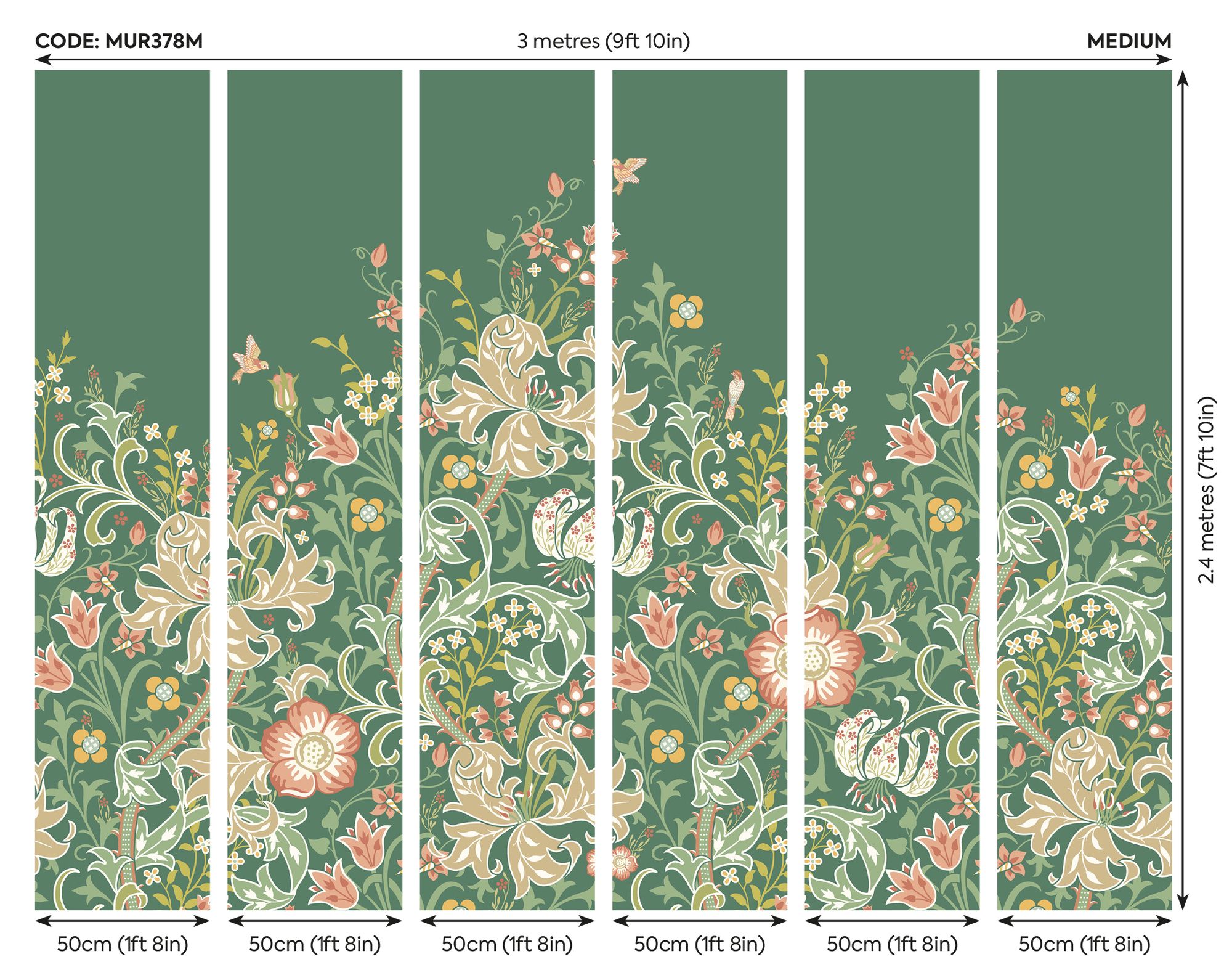MUR378M Trailing Lily Forest Green Mural Medium by Origin Murals