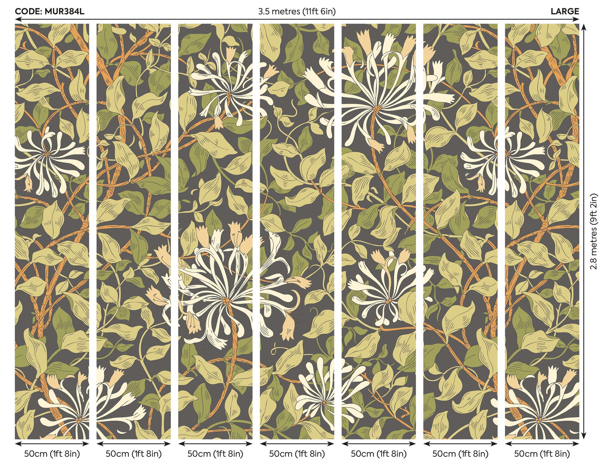 MUR384L Honeysuckle Black And Olive Green Mural Large by Origin Murals