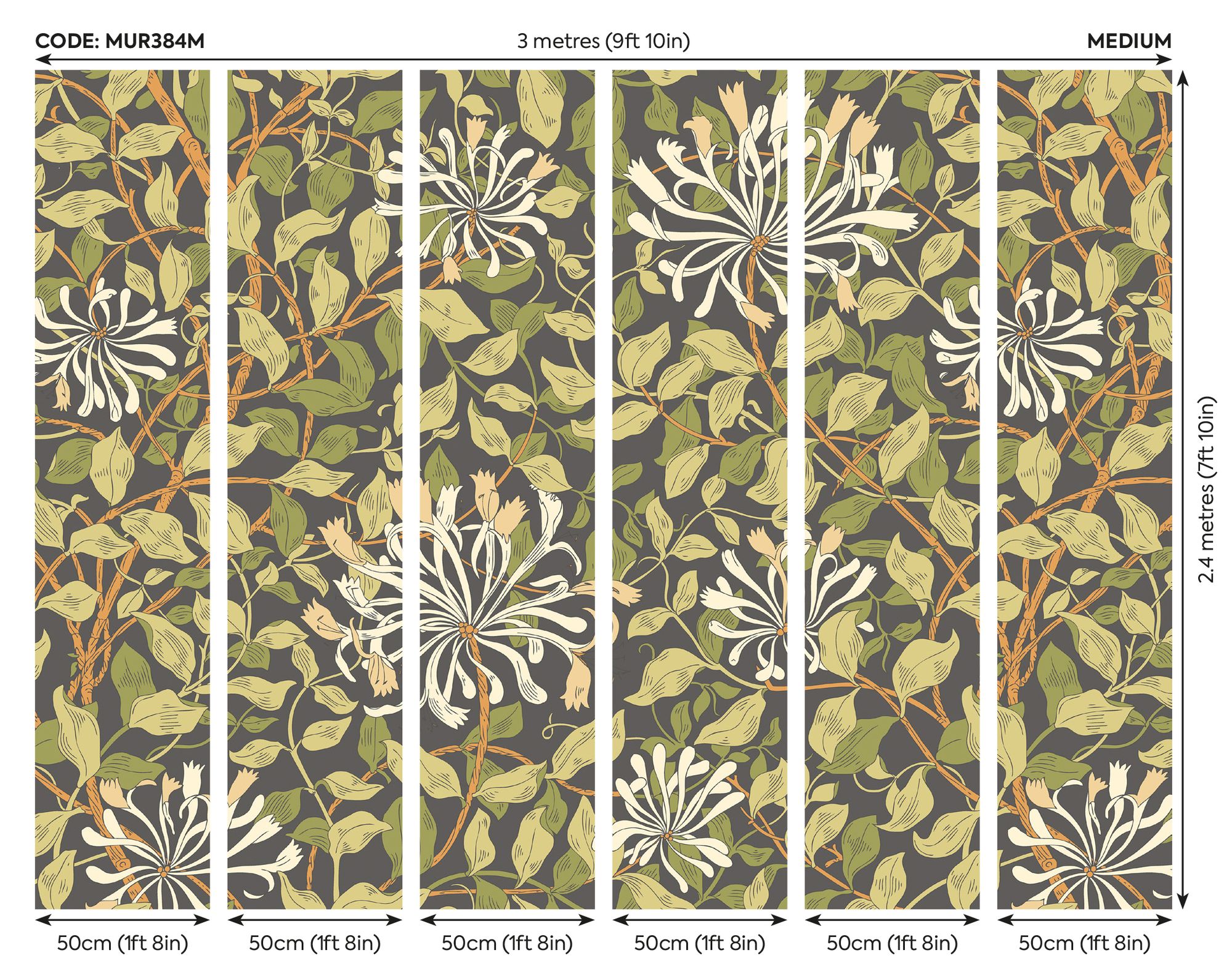 MUR384M Honeysuckle Black And Olive Green Mural Medium by Origin Murals