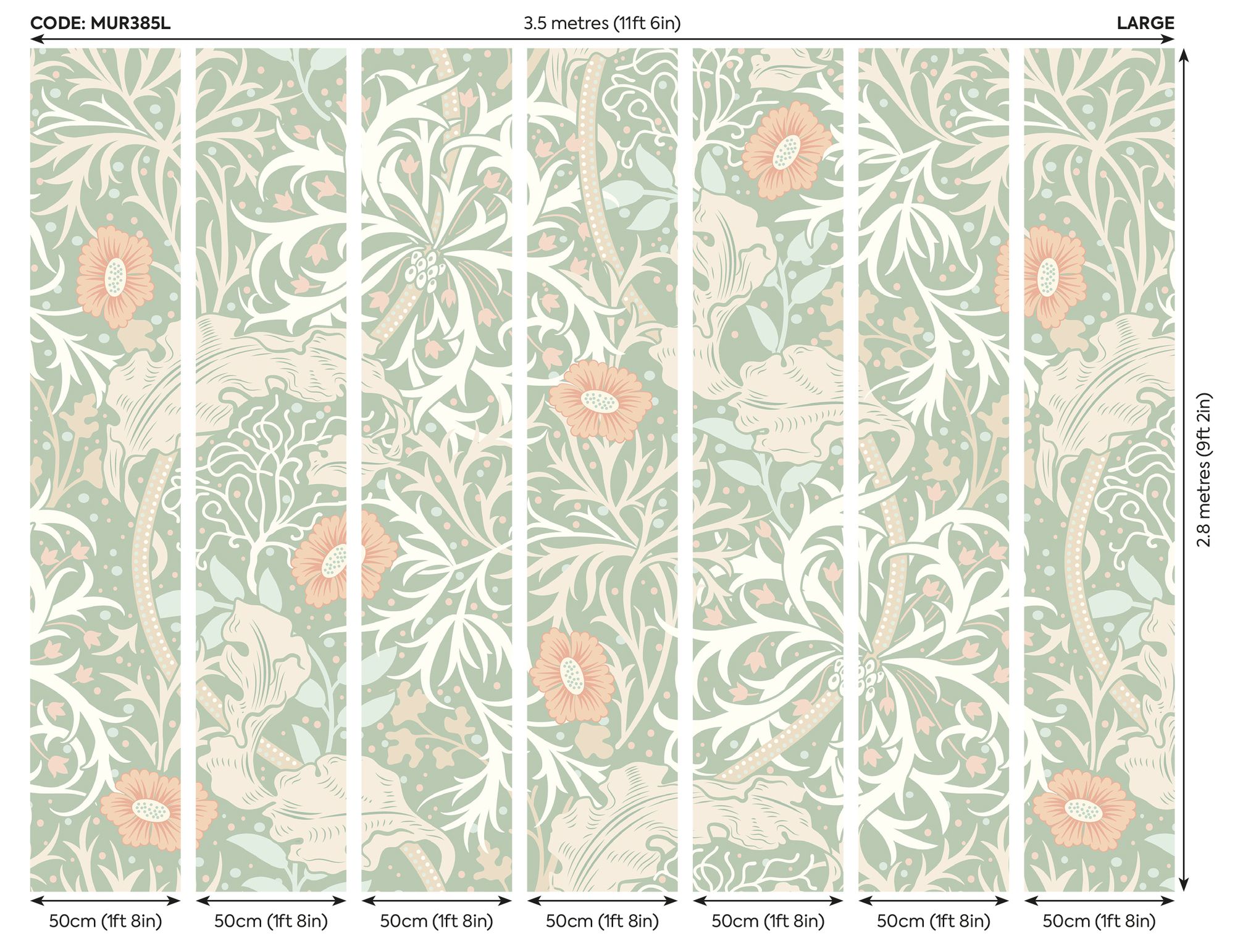 MUR385L Trailing Seaweed Garden Sage And Apricot Mural Large by Origin Murals