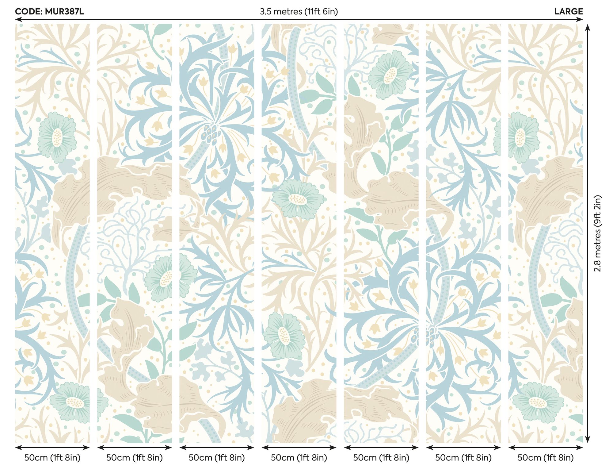 MUR387L Trailing Seaweed Garden Blue And Linen Mural Large by Origin Murals