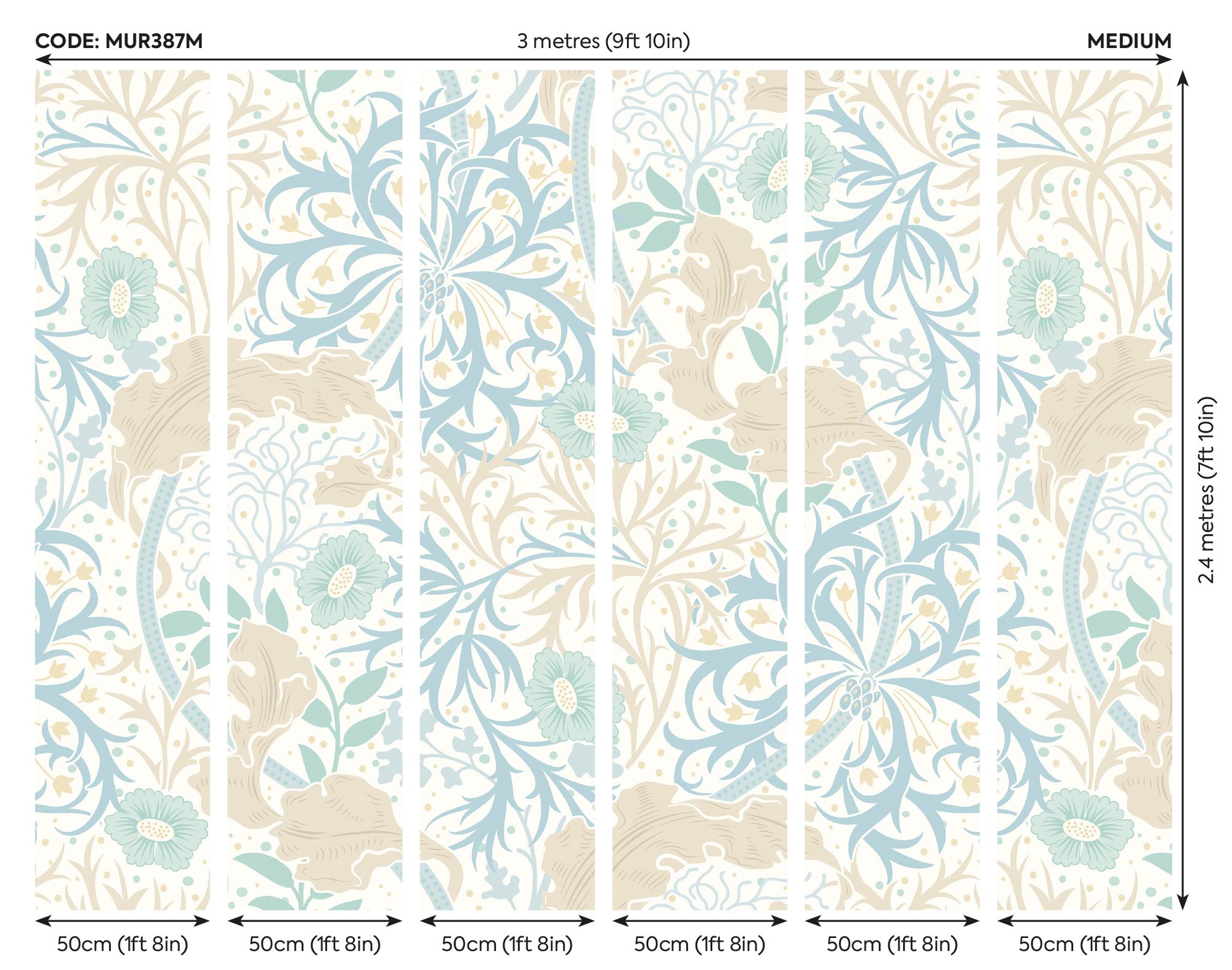MUR387M Trailing Seaweed Garden Blue And Linen Mural Medium by Origin Murals