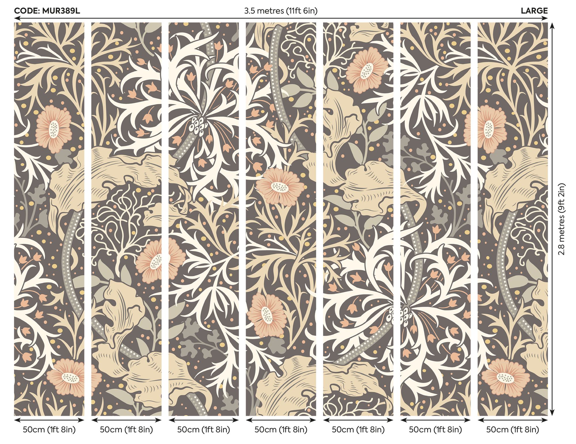 MUR389L Trailing Seaweed Garden Charcoal Mural Large by Origin Murals