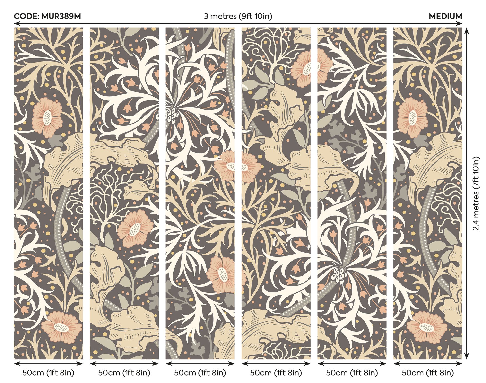 MUR389M Trailing Seaweed Garden Charcoal Mural Medium by Origin Murals