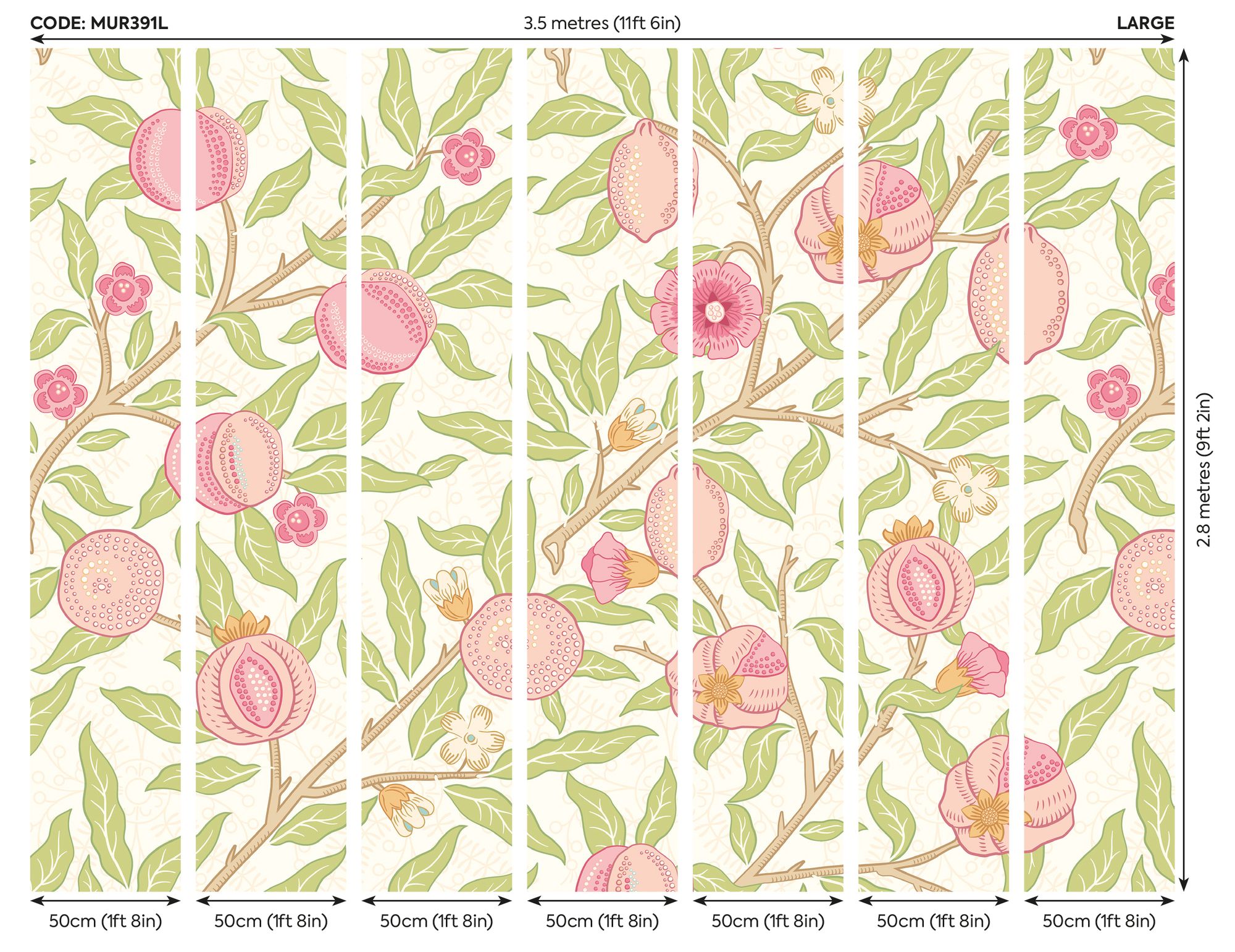 MUR391L Fruit And Foliage Rose And Apple Green Mural Large by Origin Murals