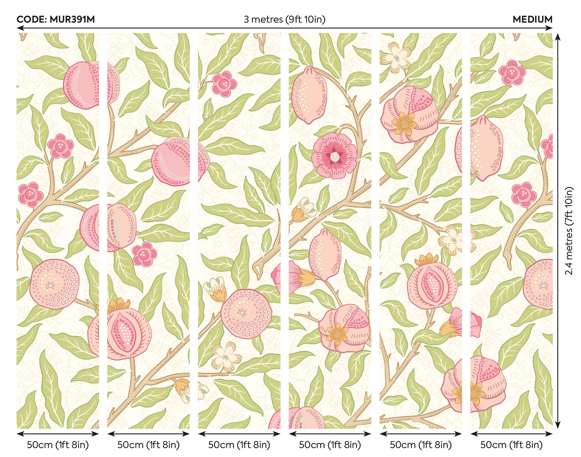 MUR391M Fruit And Foliage Rose And Apple Green Mural Medium by Origin Murals