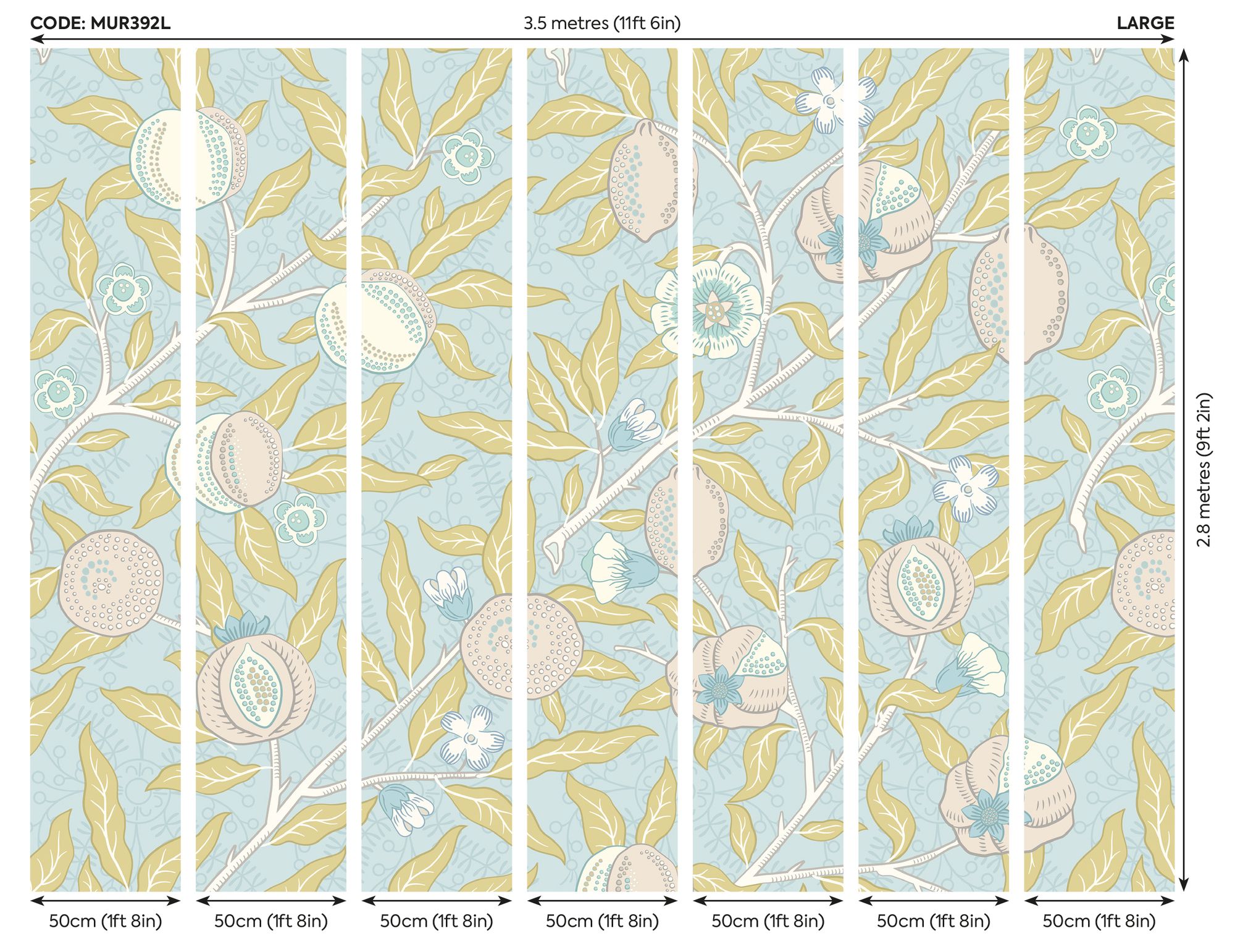 MUR392L Fruit And Foliage Wedgewood Blue Mural Large by Origin Murals