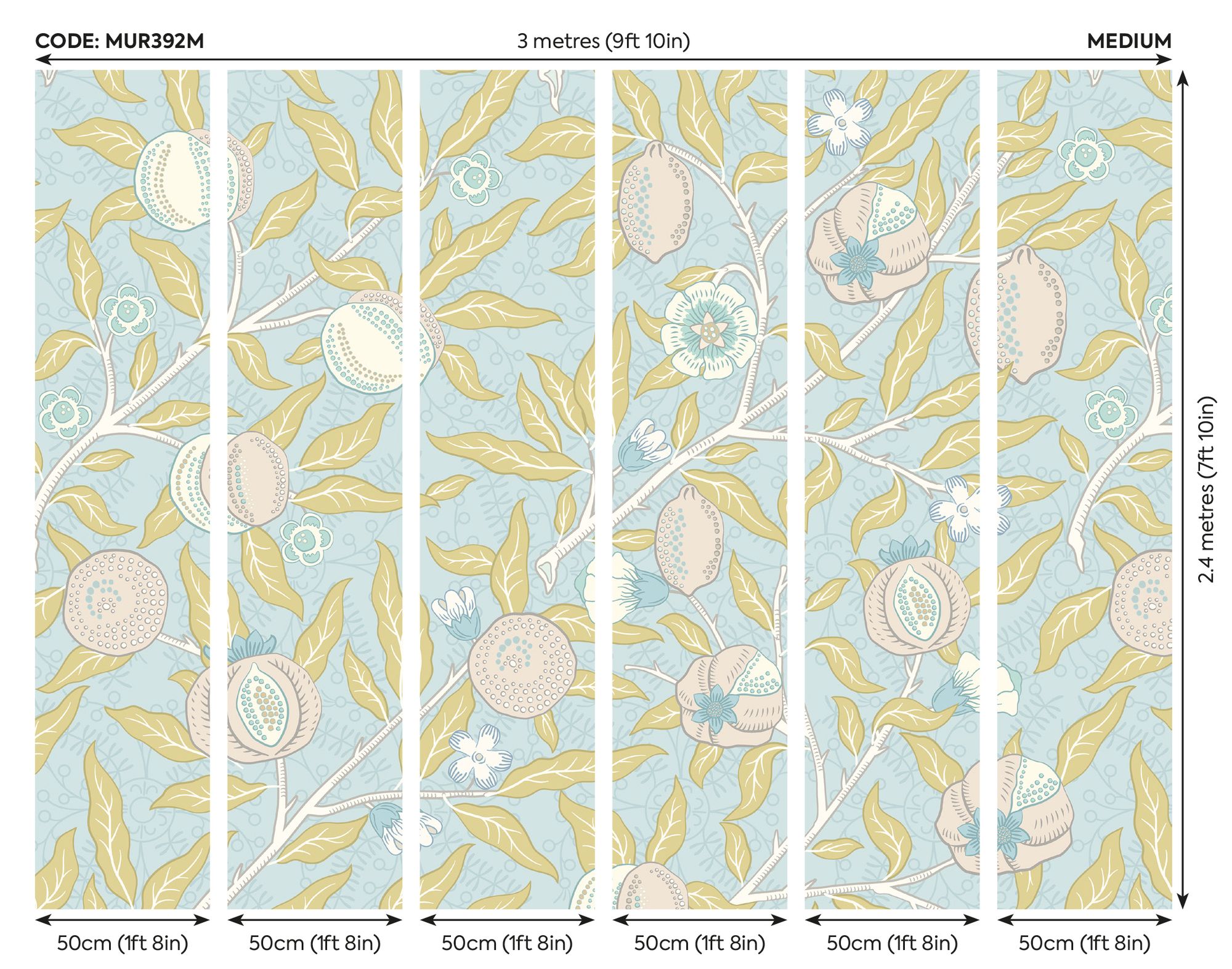 MUR392M Fruit And Foliage Wedgewood Blue Mural Medium by Origin Murals
