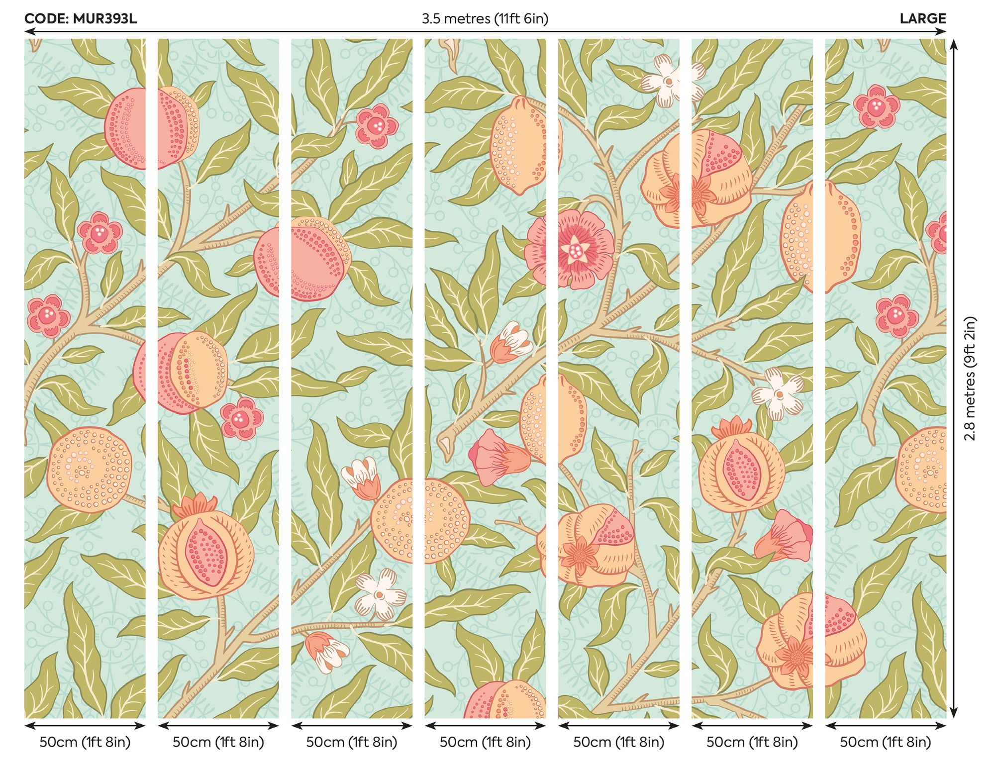 MUR393L Fruit And Foliage Aqua And Apricot Mural Large by Origin Murals