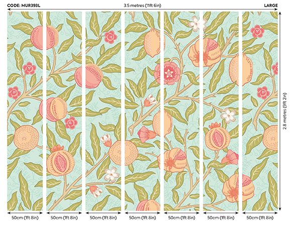 MUR393L Fruit And Foliage Aqua And Apricot Mural Large by Origin Murals