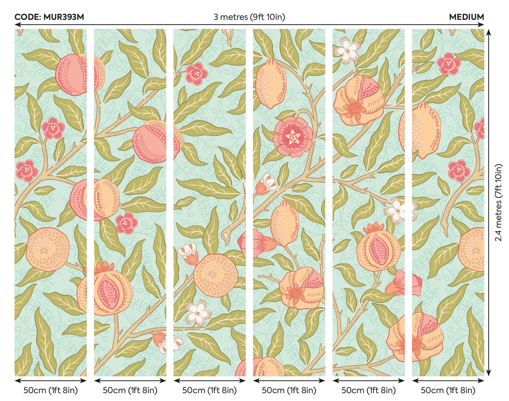 MUR393M Fruit And Foliage Aqua And Apricot Mural Medium by Origin Murals
