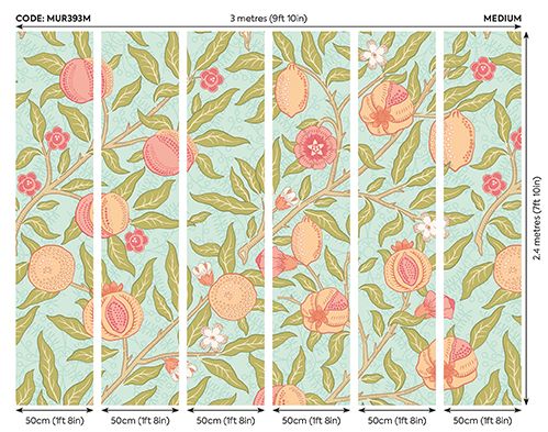 MUR393M Fruit And Foliage Aqua And Apricot Mural Medium by Origin Murals