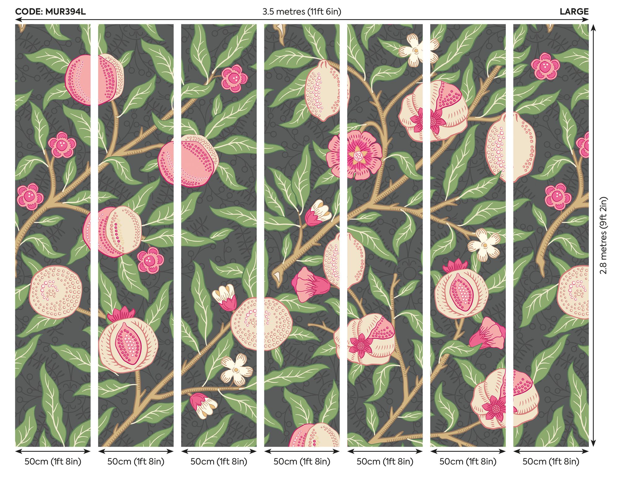 MUR394L Fruit And Foliage Black And Rose Pink Mural Large by Origin Murals
