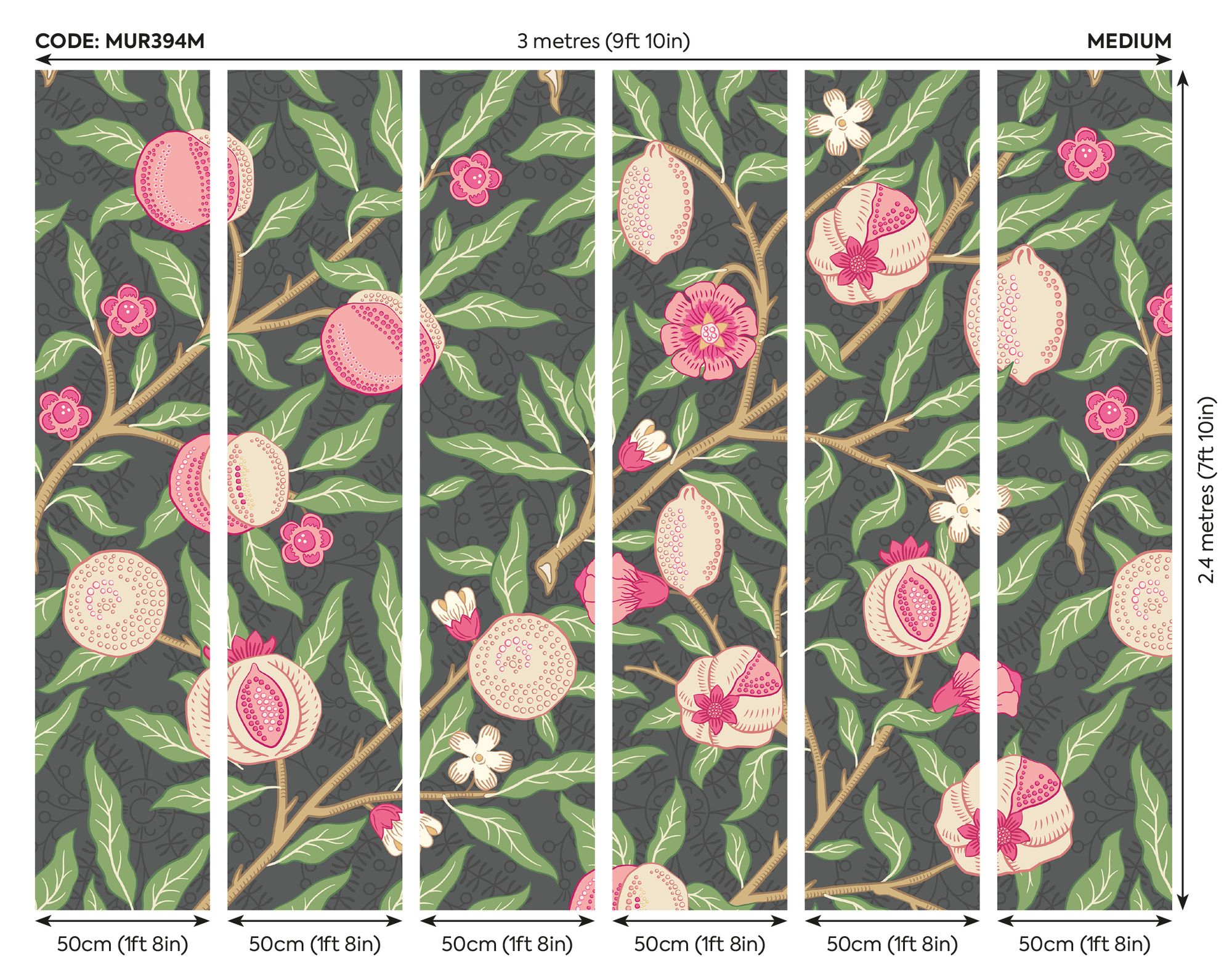 MUR394M Fruit And Foliage Black And Rose Pink Mural Medium by Origin Murals