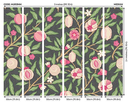 MUR394M Fruit And Foliage Black And Rose Pink Mural Medium by Origin Murals