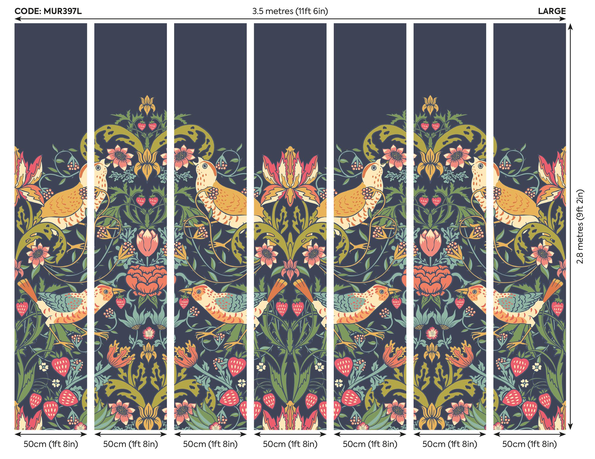 MUR397L Birds, Fruit And Foliage Navy And Coral Mural Large by Origin Murals