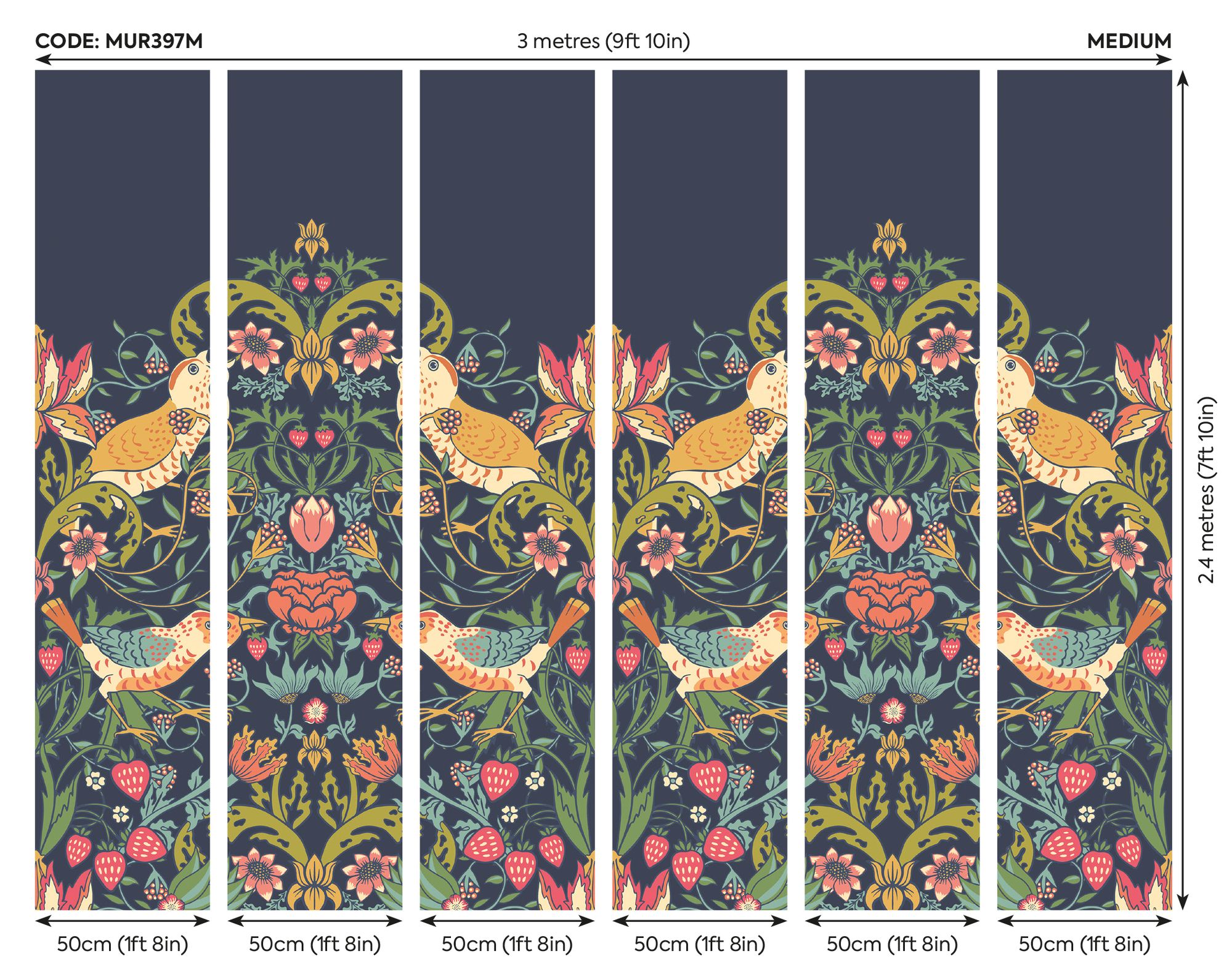MUR397M Birds, Fruit And Foliage Navy And Coral Mural Medium by Origin Murals