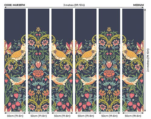MUR397M Birds, Fruit And Foliage Navy And Coral Mural Medium by Origin Murals