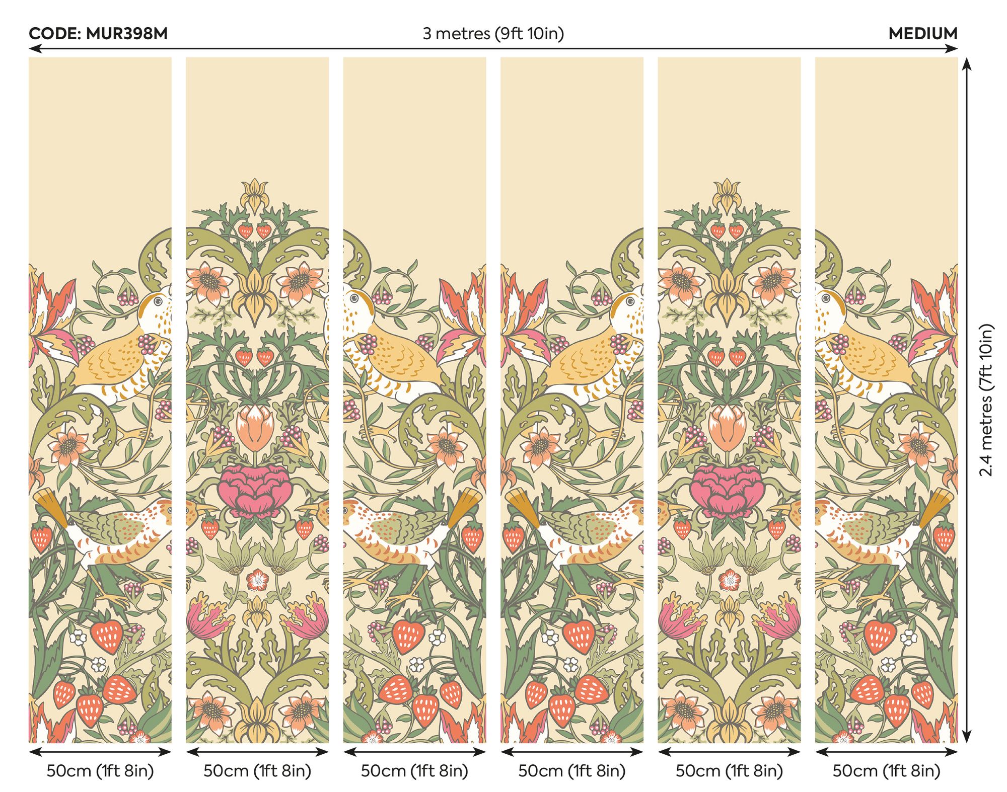 MUR398M Birds, Fruit And Foliage Gold And Olive Mural Medium by Origin Murals