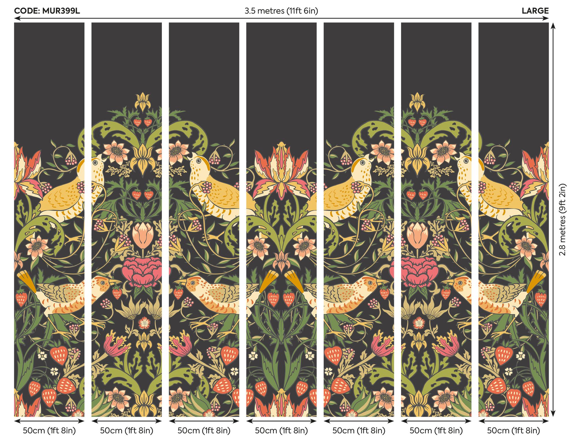 MUR399L Birds, Fruit And Foliage Black And Olive Mural Large by Origin Murals
