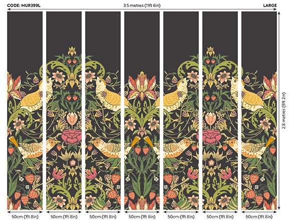 MUR399L Birds, Fruit And Foliage Black And Olive Mural Large by Origin Murals
