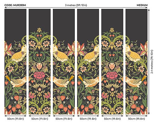 MUR399M Birds, Fruit And Foliage Black And Olive Mural Medium by Origin Murals