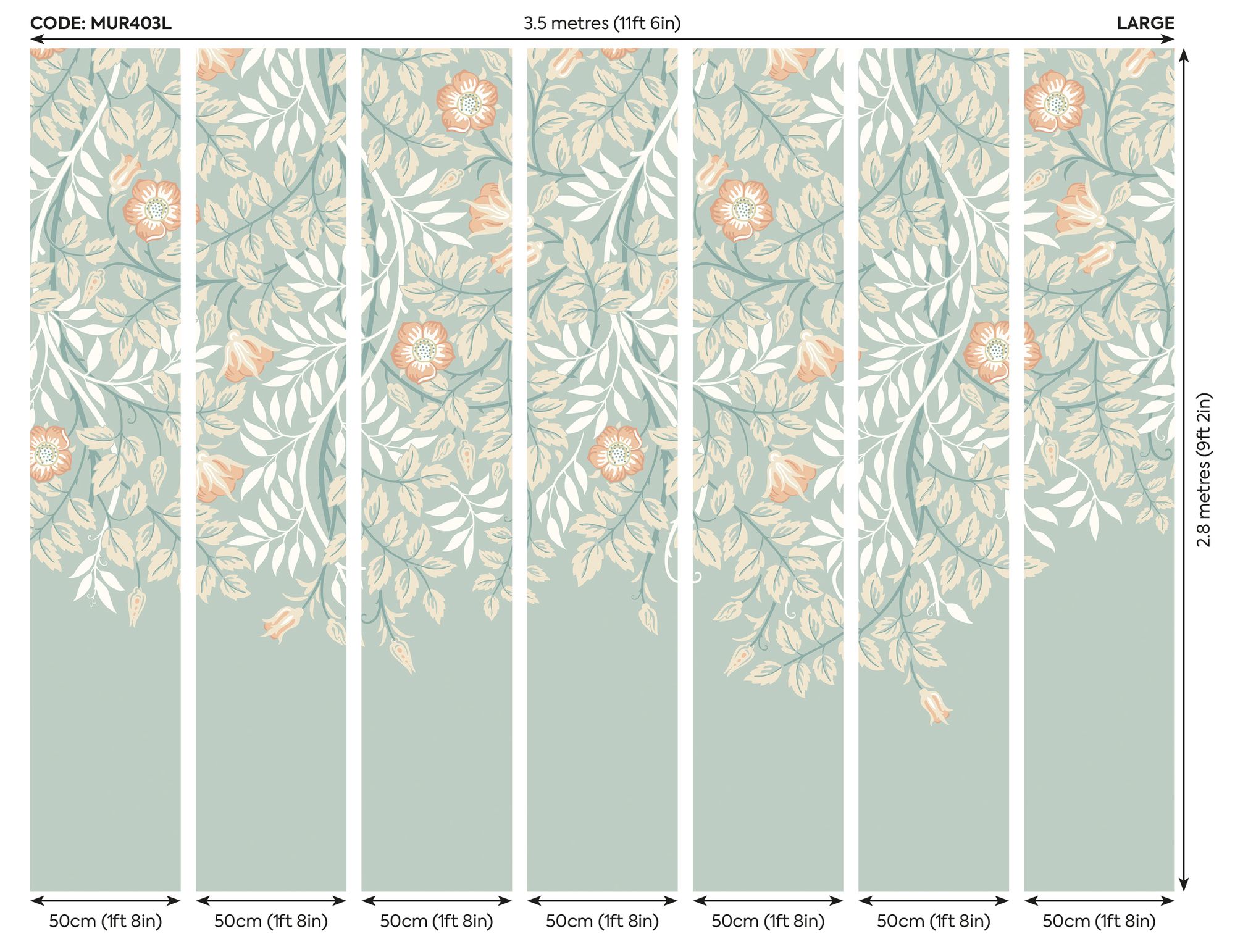 MUR403L Cascading Rosehip Seafoam And Apricot Mural Large by Origin Murals