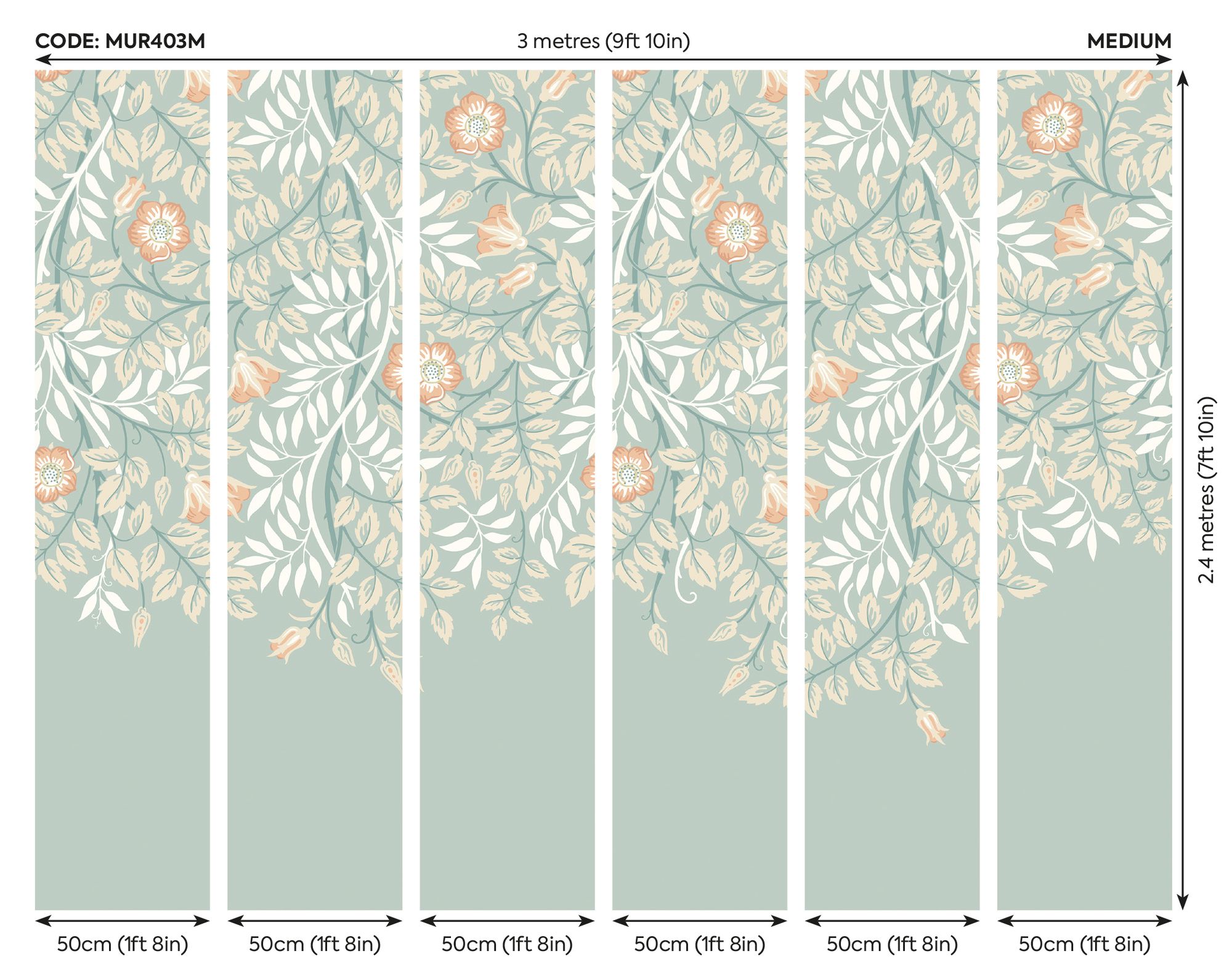 MUR403M Cascading Rosehip Seafoam And Apricot Mural Medium by Origin Murals