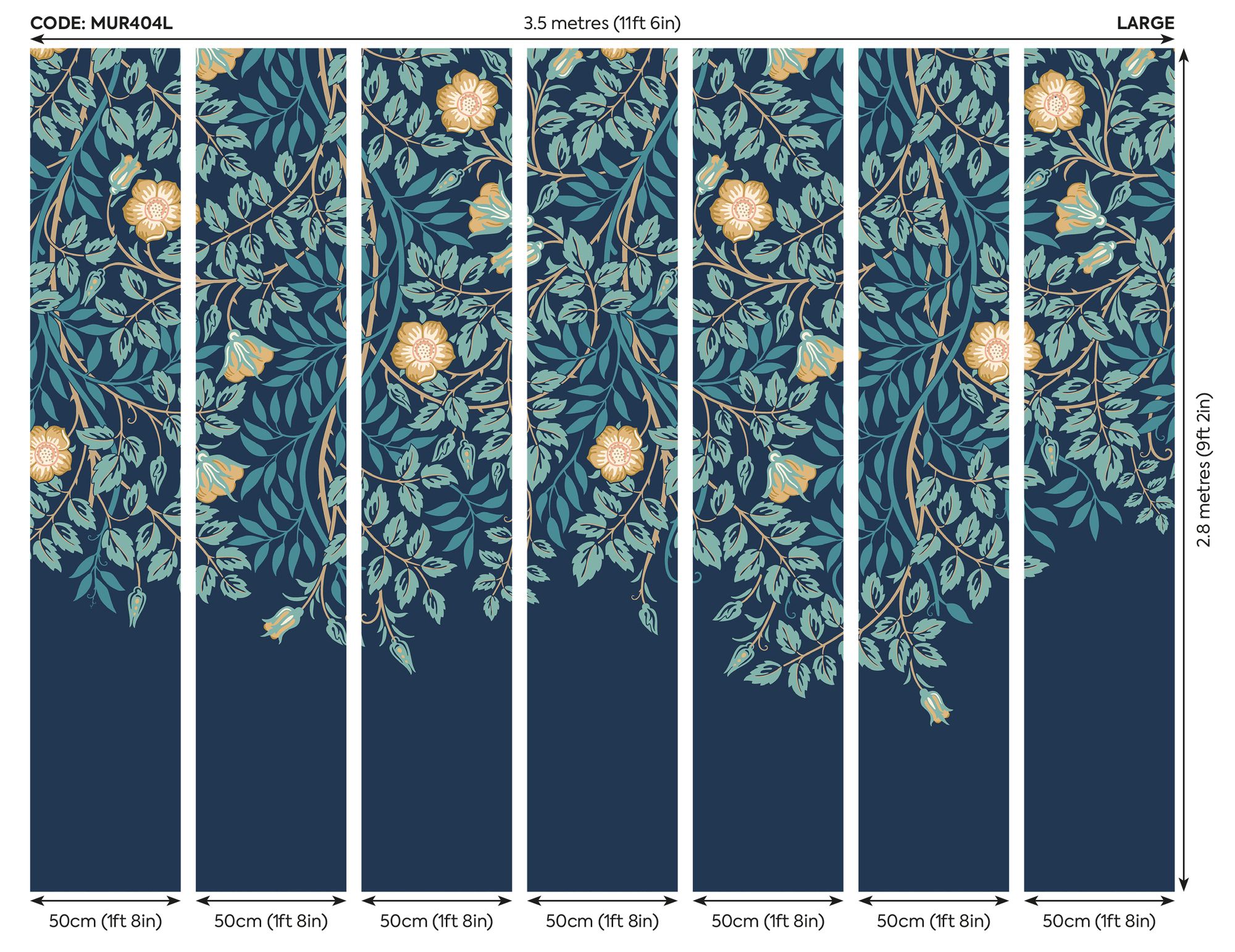 MUR404L Cascading Rosehip Indigo And Teal Mural Large by Origin Murals