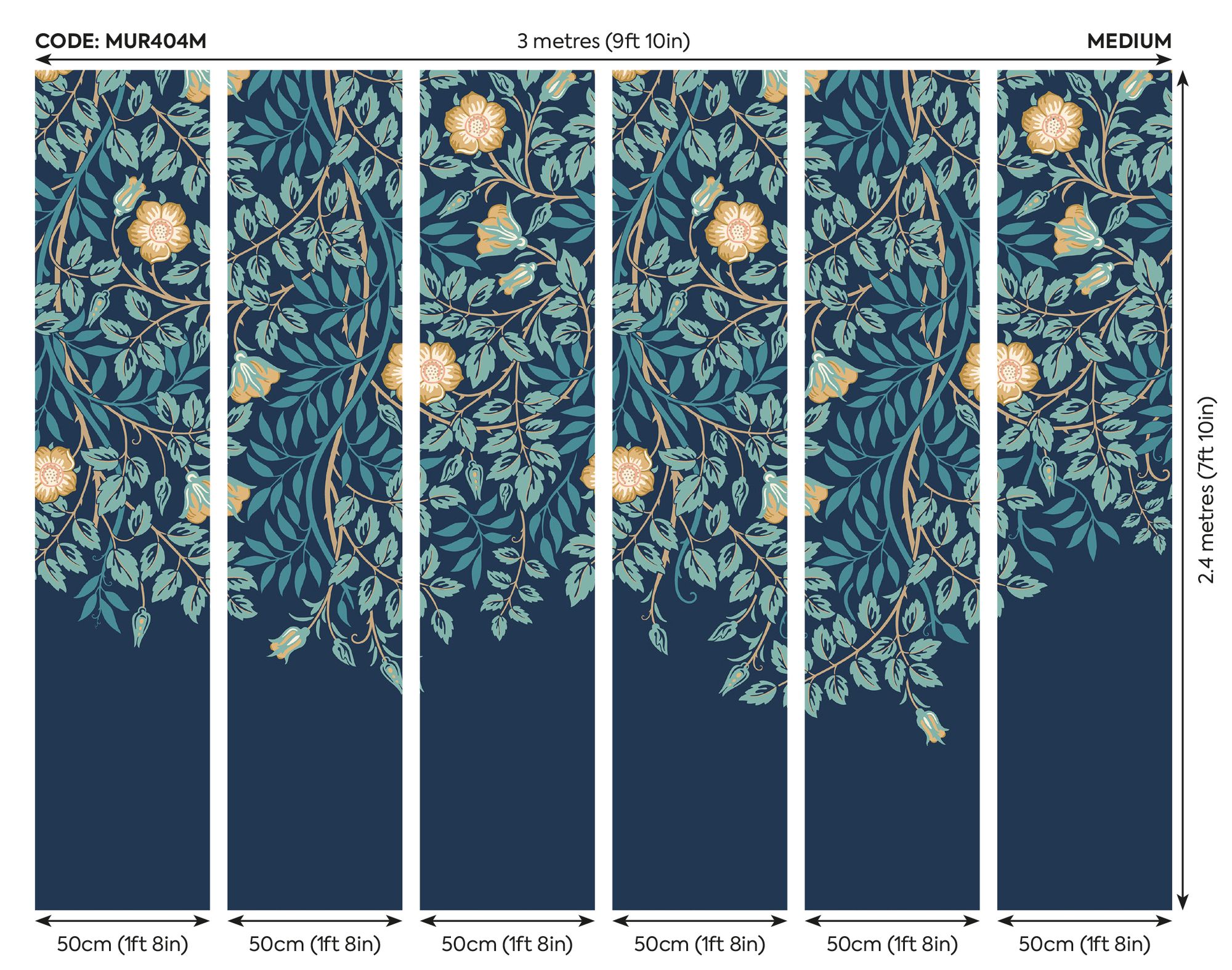 MUR404M Cascading Rosehip Indigo And Teal Mural Medium by Origin Murals