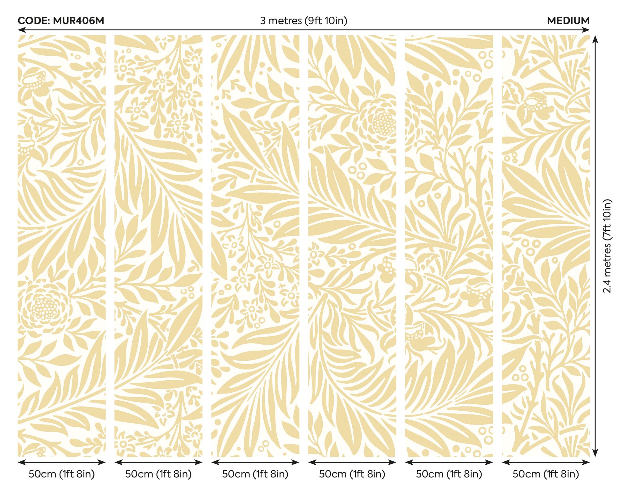 MUR406M Trailing Ferns Soft Gold Mural Medium by Origin Murals