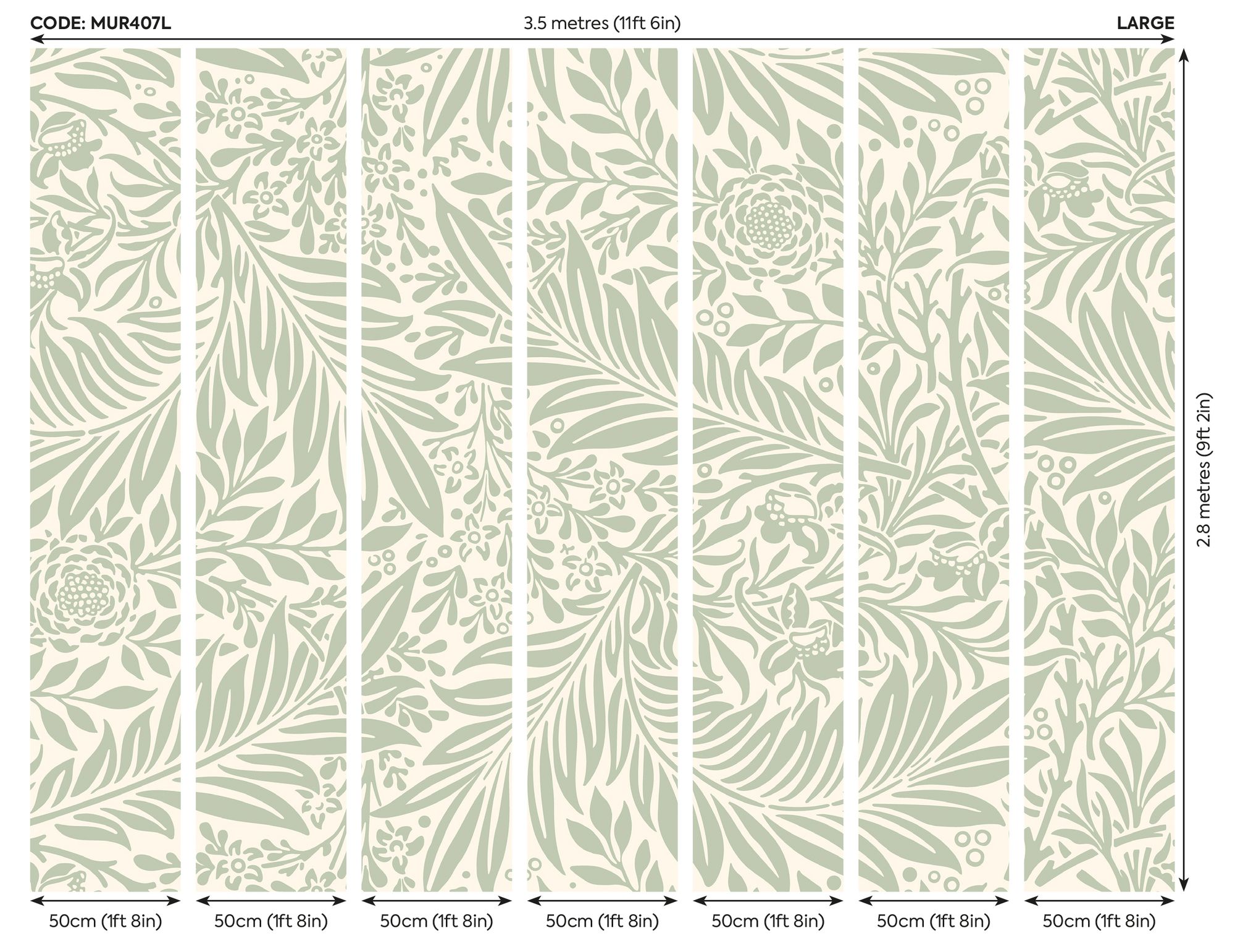 MUR407L Trailing Ferns Sage Green Mural Large by Origin Murals