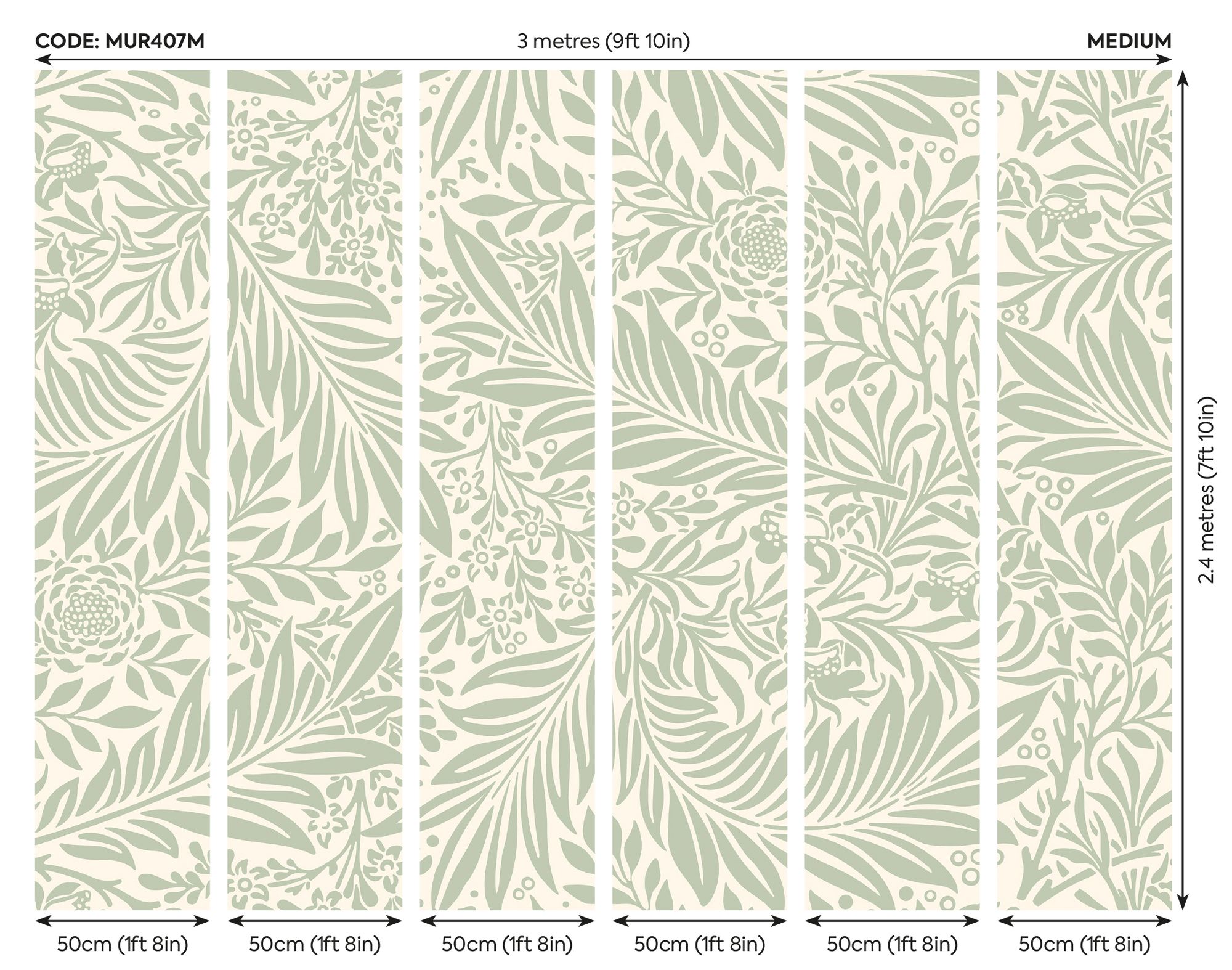 MUR407M Trailing Ferns Sage Green Mural Medium by Origin Murals