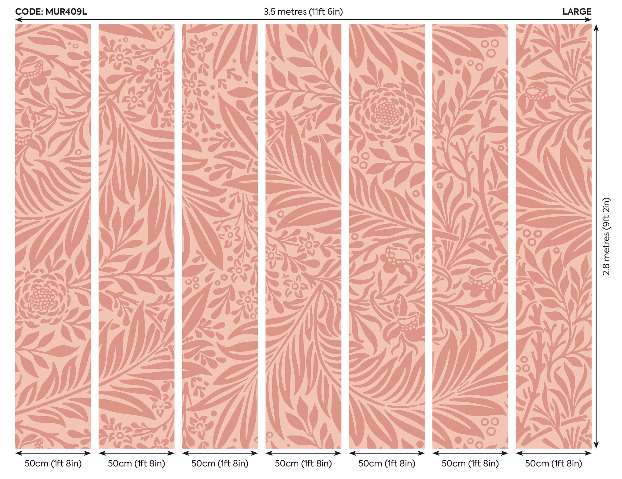 MUR409L Trailing Ferns Warm Coral Mural Large by Origin Murals