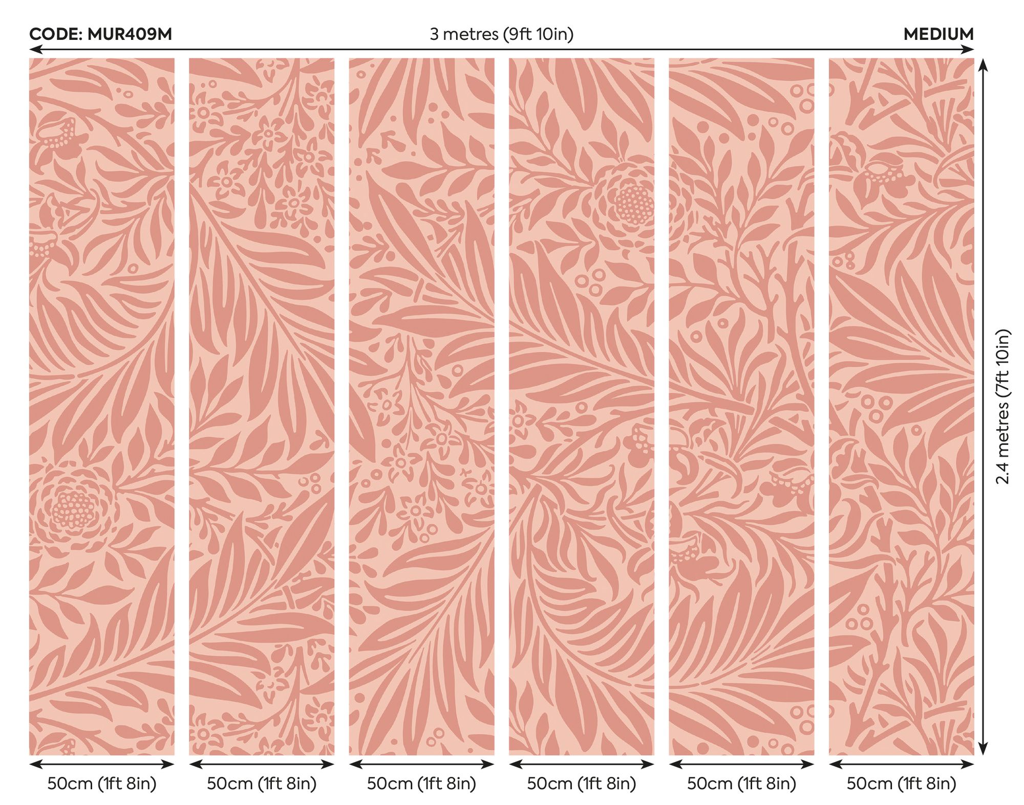 MUR409M Trailing Ferns Warm Coral Mural Medium by Origin Murals