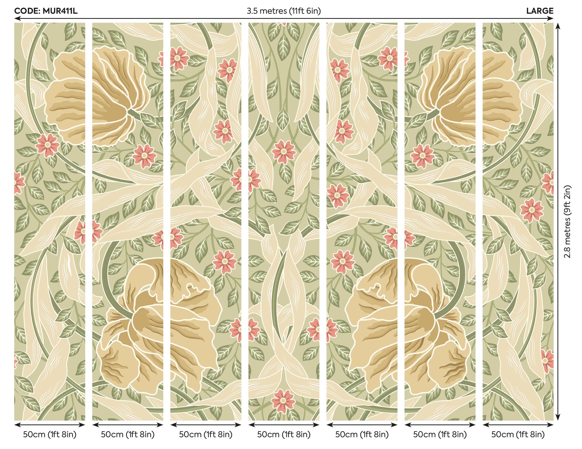 MUR411L Flower Circle Olive And Coral Mural Large by Origin Murals