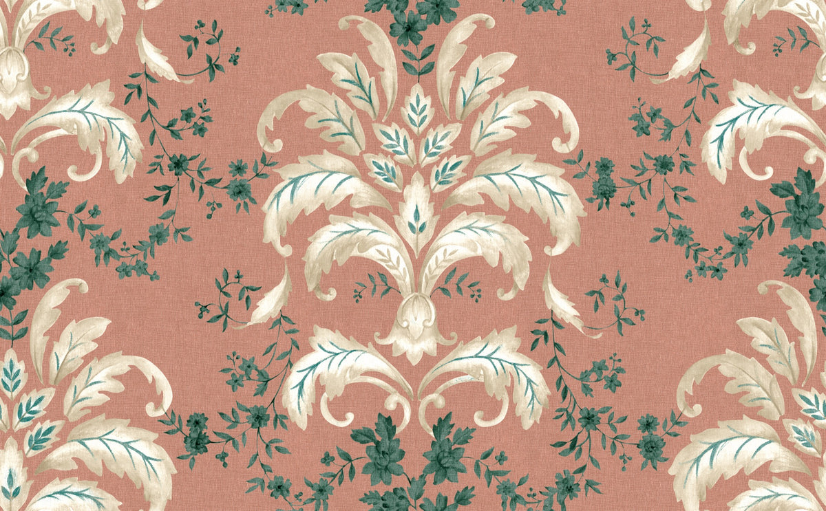 French Damask Coral Damaskus Fabric by Coordonné