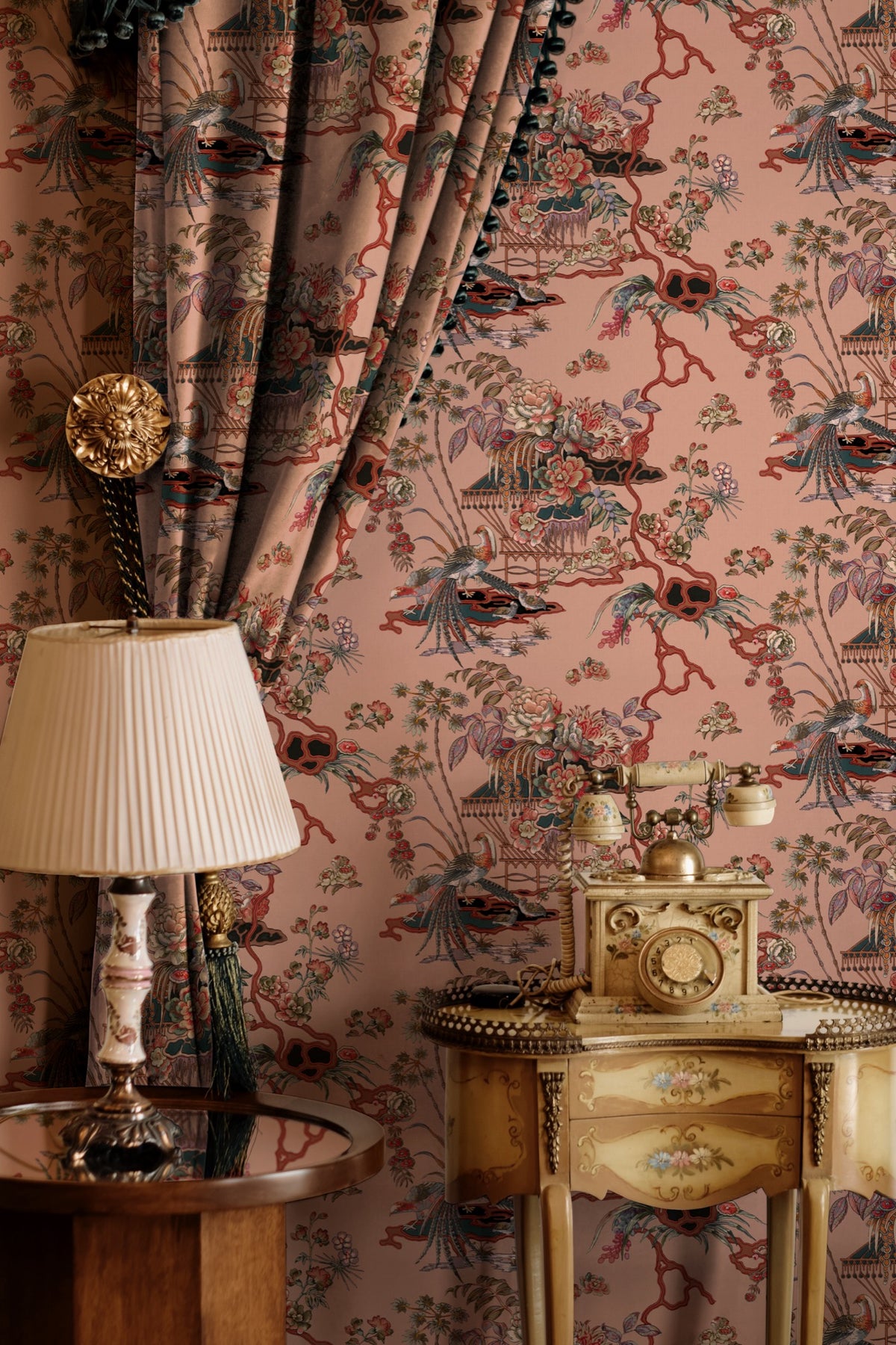 Sacred Pheasants Rose Forbidden City Fabric by Coordonné
