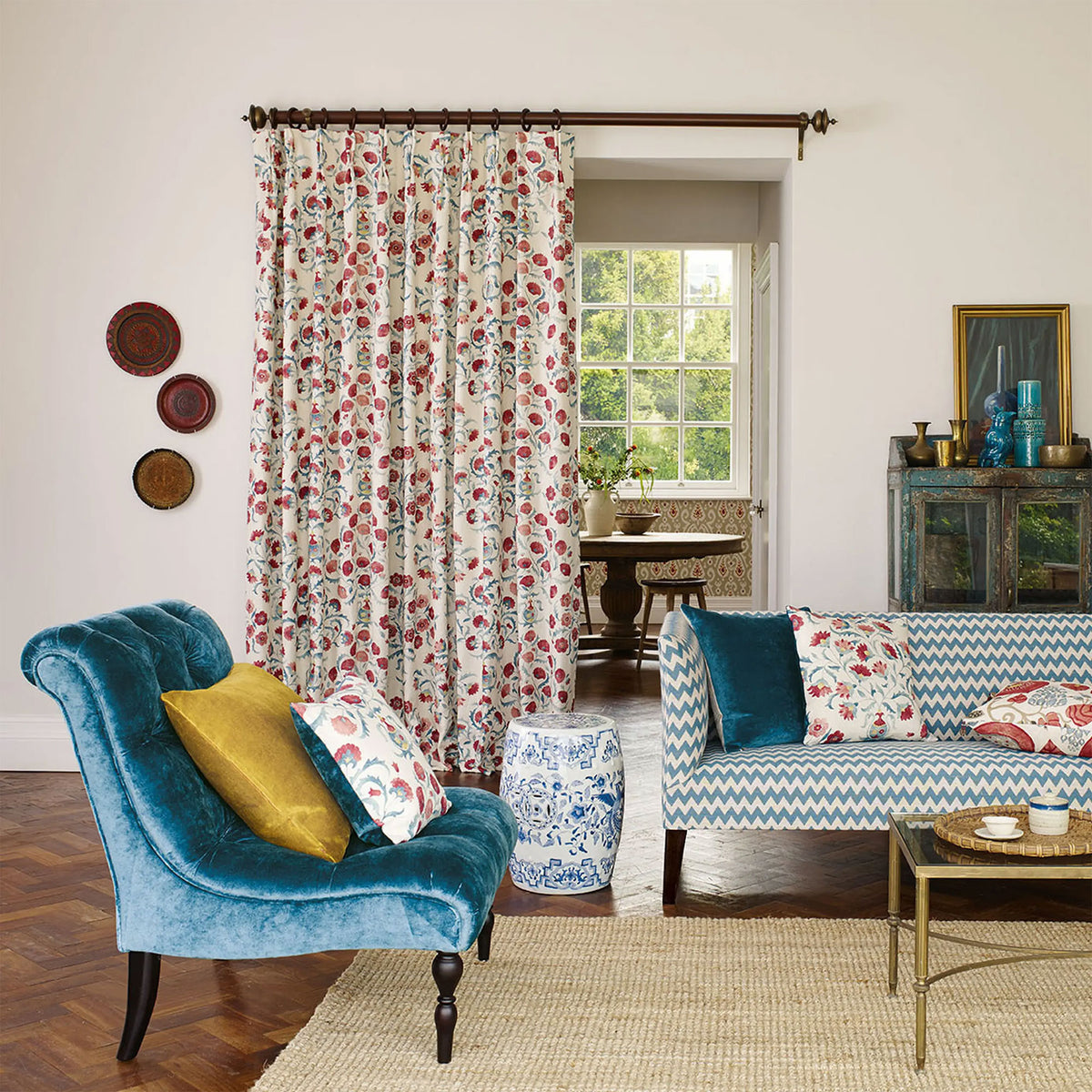 Curios Ottoman Flowers Cherry/Indigo Fabric by Sanderson