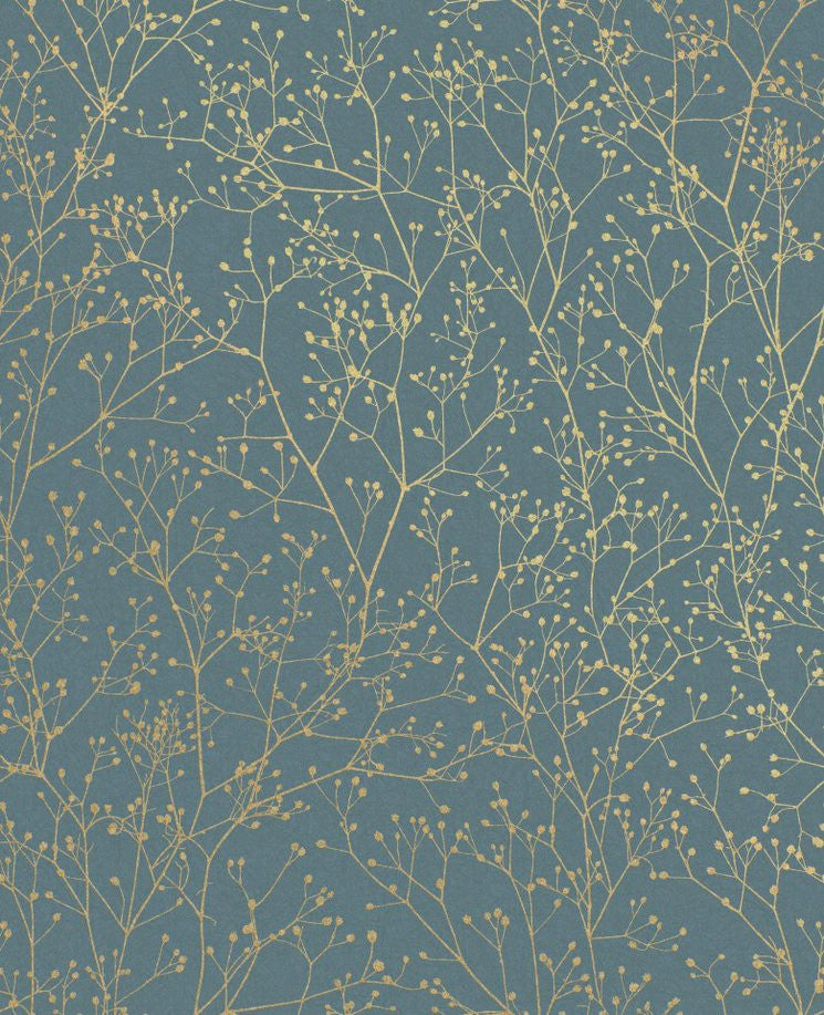 120384 Gypsophila Blue / Soft Gold Wallpaper by Clarissa Hulse