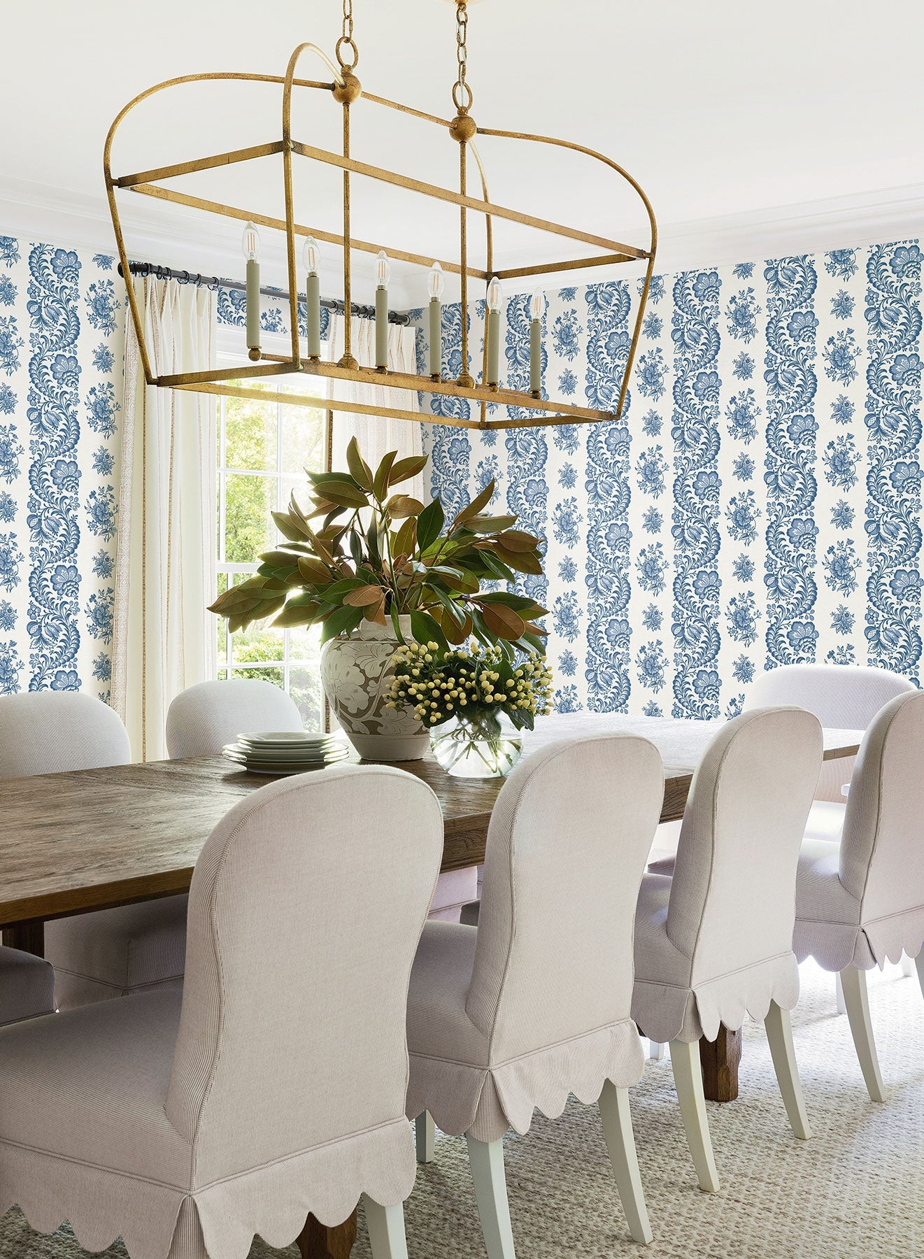 Beaumont Floral Stripe Blue Jardin Wallpaper by York Wallcoverings