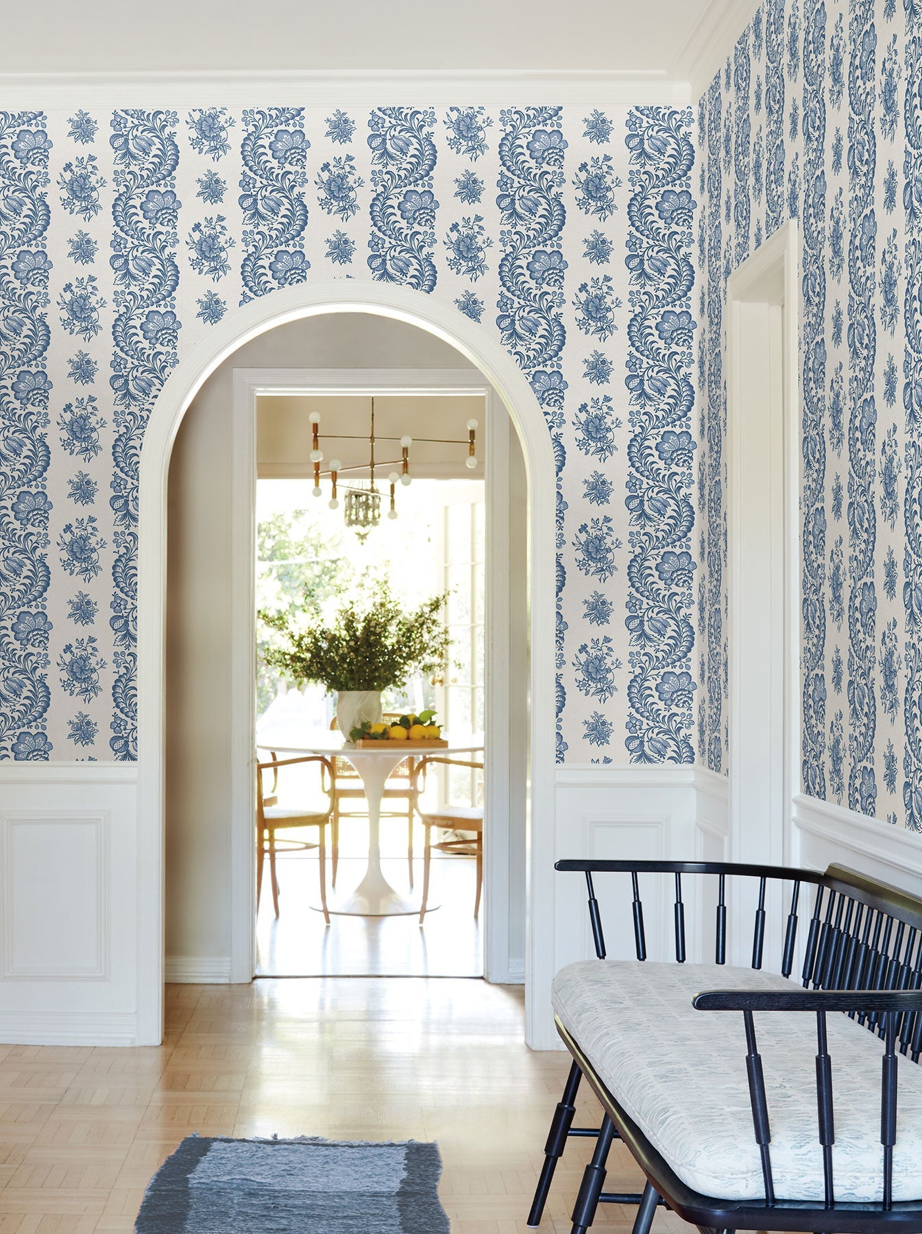 Beaumont Floral Stripe Blue Jardin Wallpaper by York Wallcoverings