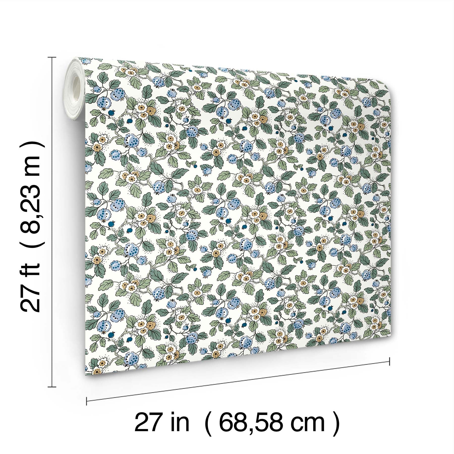 Framboise Berry Vines Blue Jardin Wallpaper by York Wallcoverings