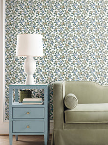 Framboise Berry Vines Blue Jardin Wallpaper by York Wallcoverings