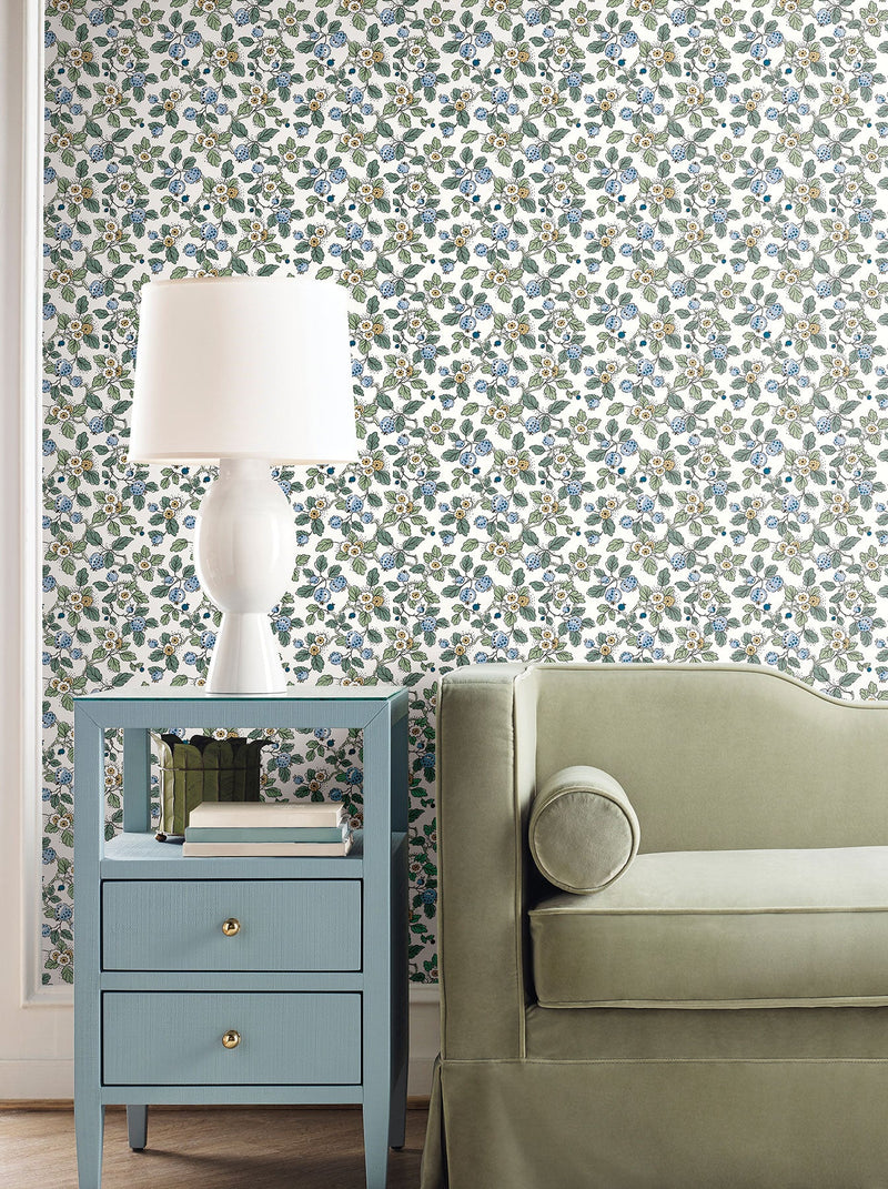 Framboise Berry Vines Blue Jardin Wallpaper by York Wallcoverings