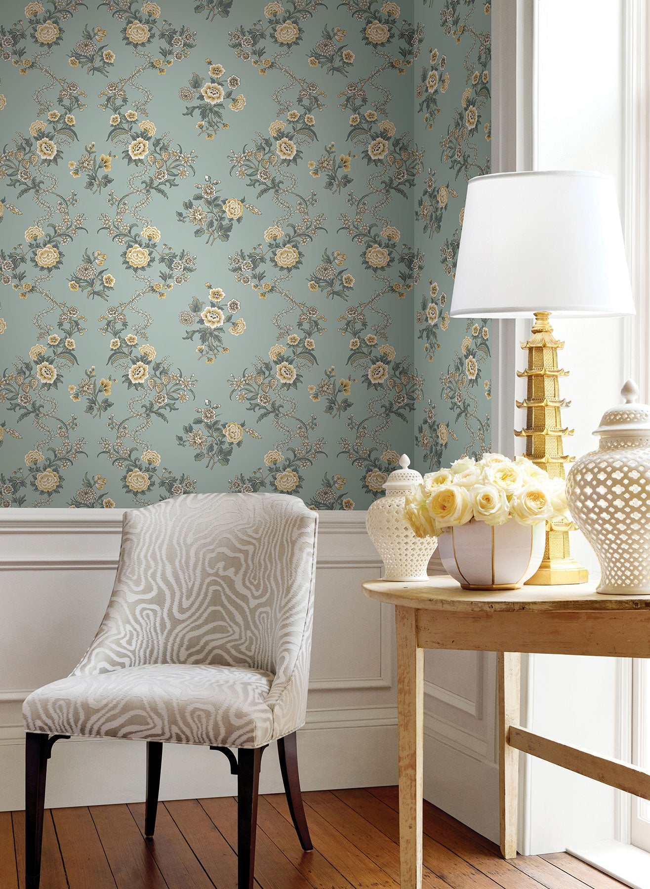 Genevieve Floral Trail Blue Jardin Wallpaper by York Wallcoverings