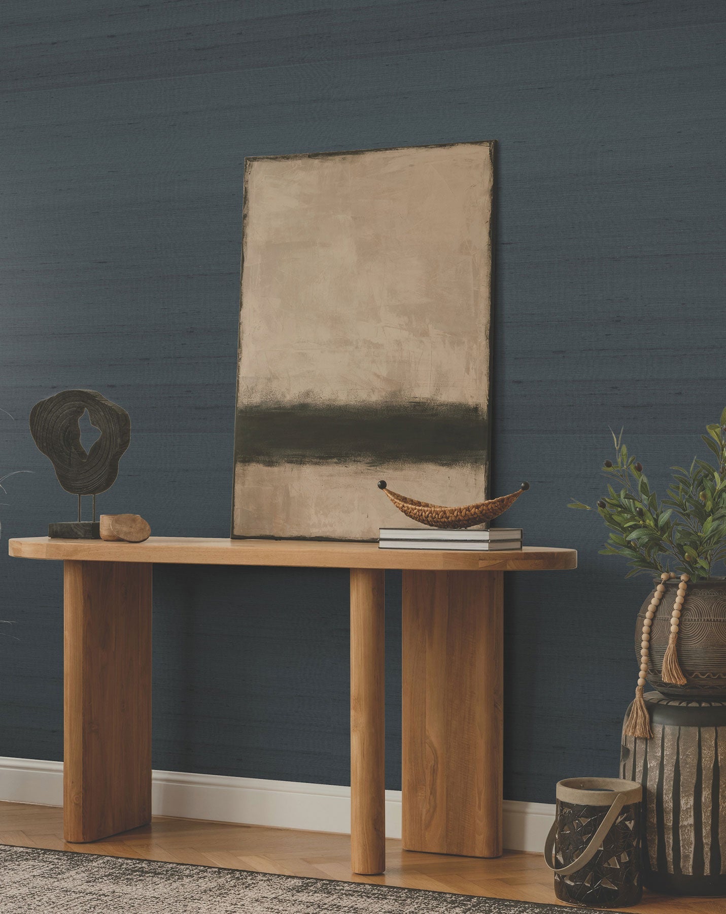 Saori Silk Specialty Navy Tea Garden Wallpaper by York Wallcoverings