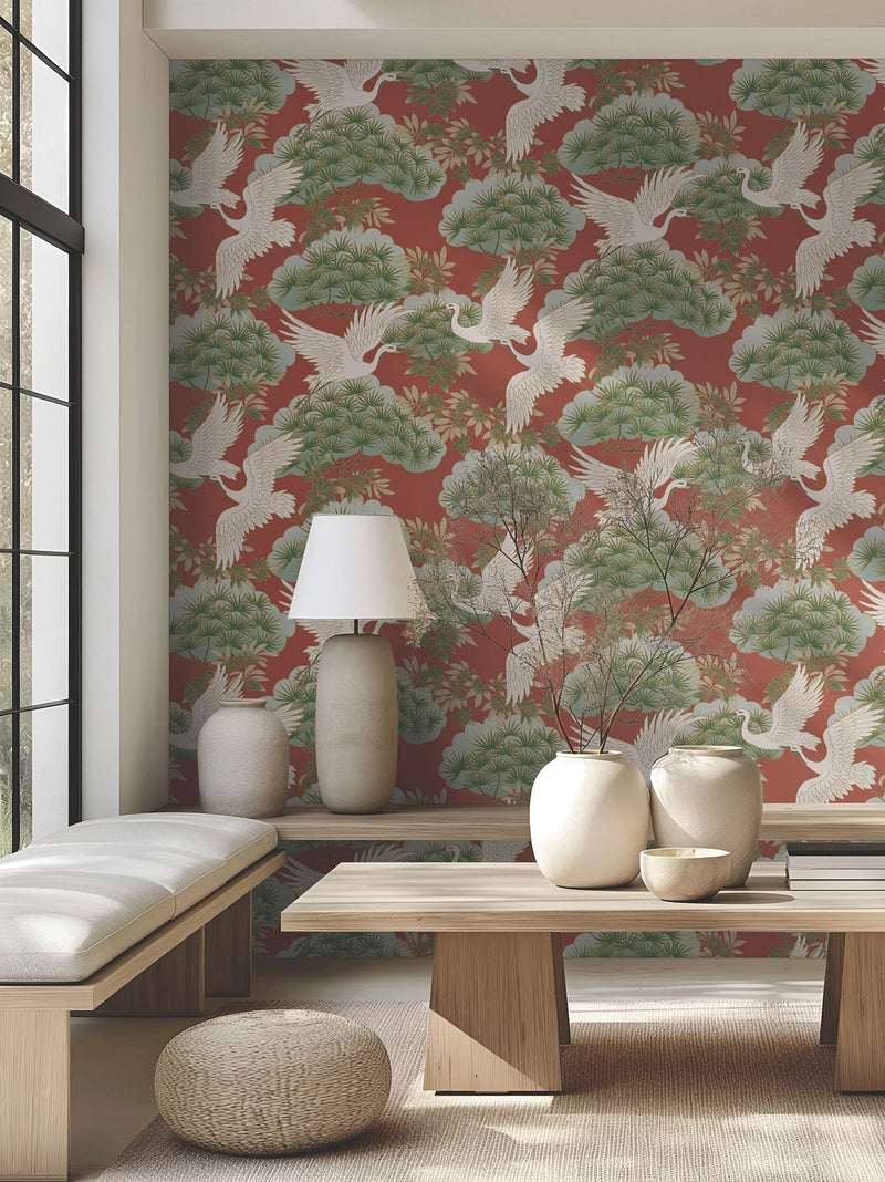 Sprig & Heron Red Tea Garden Wallpaper by York Wallcoverings