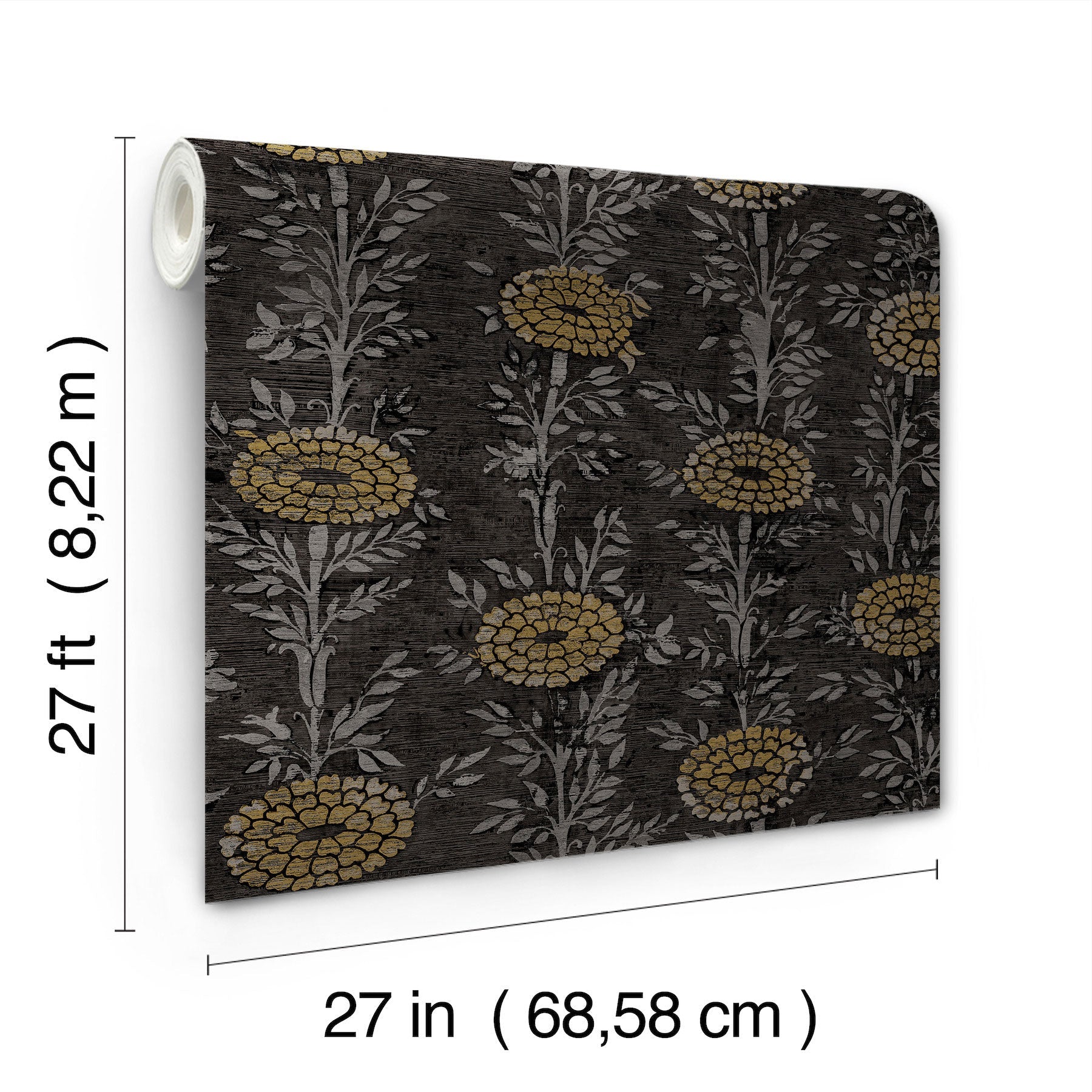 French Marigold Black & Gold Tea Garden Wallpaper by York Wallcoverings