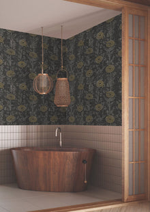 French Marigold Black & Gold Tea Garden Wallpaper by York Wallcoverings